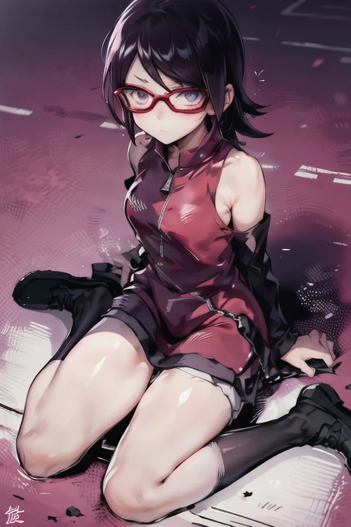 1girl, sarada uchiha\(Boruto\), gym uniform, buruma, kneehighs, sneakers, wariza, from above, wooden floor, blush, glaring, depth of field, masterpiece