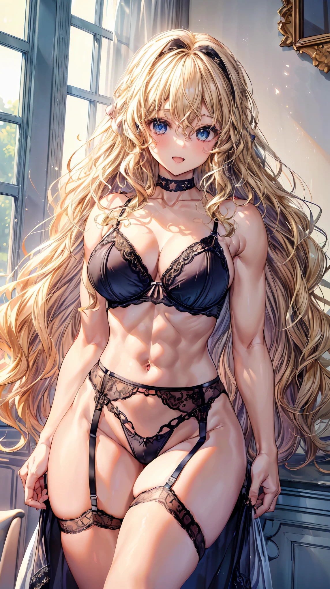 (Adult women:1.5)、Very detailed、highest quality、Best image quality、masterpiece、8k、Anime Face、A kind smile、(Open your mouth:1.3)、Sparkling blue eyes、(Blonde Wavy Hair:1.5)、、Muscles of the whole body、(High leg:1.5)、Thigh belt、(Wearing lingerie:1.5)、(Cowboy Shot:1.5)、SFW Giant