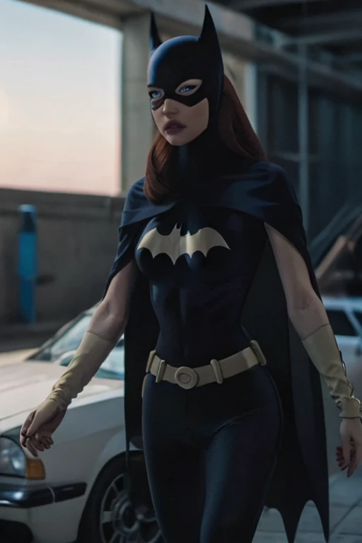 Slim young woman, full body, low legs, Legacy apartment, T-shirt, cleavage, navel showing, crotch showing, (wrinkles on leggins remarking the shape), crystal blue eyes, red hair , daylight , batgirl 
