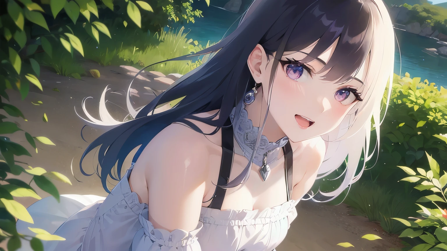 cinematic angle, leaning forward、Shooting from above、cowboy shot、Real person, (Pale skin: 1.2), RAW Photos, Realistic, Shiny skin, Shiny Hair、(A 25-year-old woman with straight hair and bangs) and (medium hair) and (black hair) and (purple eyes) , (white) and (Off the shoulder) and (dress), smile, open mouth, The background is a park、