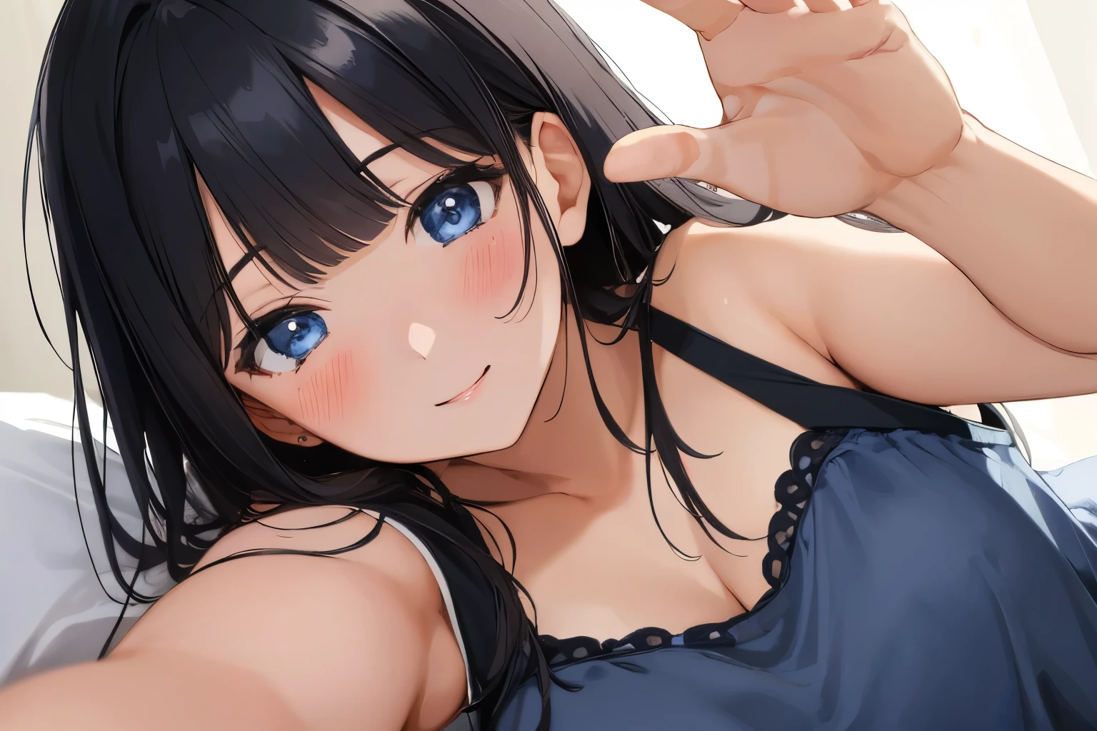Masterpiece、highest quality、1 female、Super detailed Black Hair、bangs Blue Eyes、Detailed depiction of the eyes Smiling、blush camisole Face is close、Facial Close-up、Bring your face closer Sheetsに横になる、Spread your shoulders、Put your hand here、Pose asking for a hug Sheets