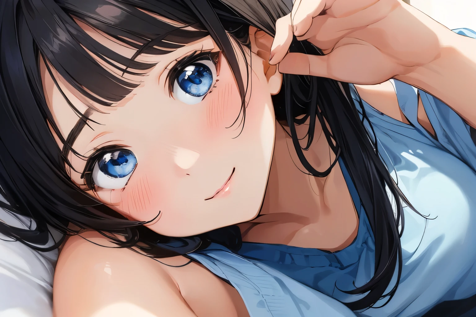 Masterpiece、highest quality、1 female、Super detailed　Black Hair、bangs　Blue Eyes、Detailed depiction of the eyes　Smiling、blush　camisole　Face is close、Facial Close-up、Bring your face closer　Sheetsに横になる、Spread your shoulders、Put your hand here、Pose asking for a hug　Sheets