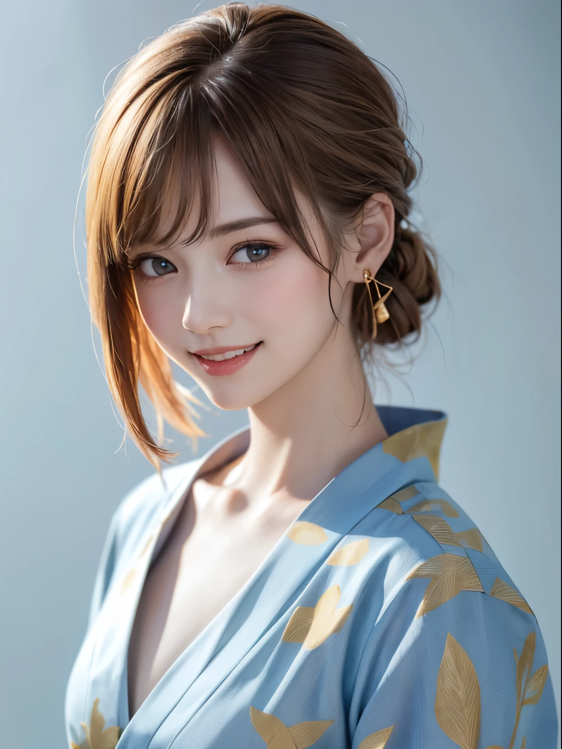 (highest quality、8k、32k、masterpiece)、(RAW Photos)、(Realisticな)、(High resolution)、Very detailedな、Very beautiful face and eyes、One Girl、Round and small face、Delicate body、(close、highest quality、Rich skin detail、highest quality、8k)、Very detailed、(Realistic、Realistic:1.37)、Vibrant colors、(((Laughter)))、(((Golden Hair)))、(((I touch my chest with my right hand)))、(((Smiling)))、(((Bust Shot)))、(((White Background)))、((Medium Hair))、(((Pure white wall background)))、(((Blonde)))、(((She is wearing a yukata with a pop design.)))、(((Brown and light blue yukata)))、(((Pure white wall background)))、