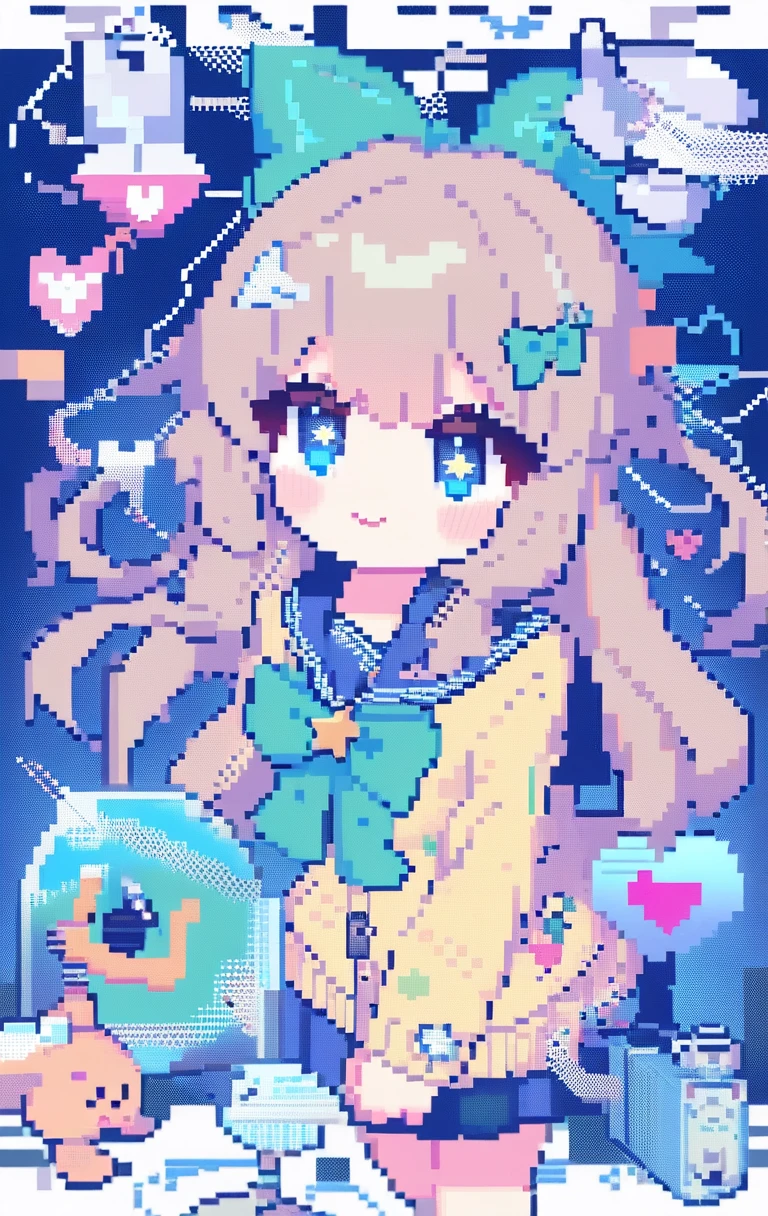 1 Girl,Nervous man,indie Virtual YouTuber,Sadex,score: General,:3,^_^,bandage,blue eyes,blue Sailor collar,blue skirt,blush,boundary,bow,bowtie,cable,Cardigan,Character Name,Close your eyes,cursor,Diffraction spike,electric plug,eyelash,floating,floating hair,gear,green bow,green bowtie,Hair accessories,Halftone,hand cursor,Heart,Heart Hair accessories,Heart print,Hourglass,Light brown hair,Long hair,Looking at the audience,look up,magnifier,microphone,Pixel Art,pixel Heart,plug,plus,Sailor collar,,Setofuku,skirt,Solitary,Star (Symbolism),Star print,Virtual YouTuber,white boundary,window (calculated),yellow Cardigan,up to date,absurd,high resolution,Normal quality,