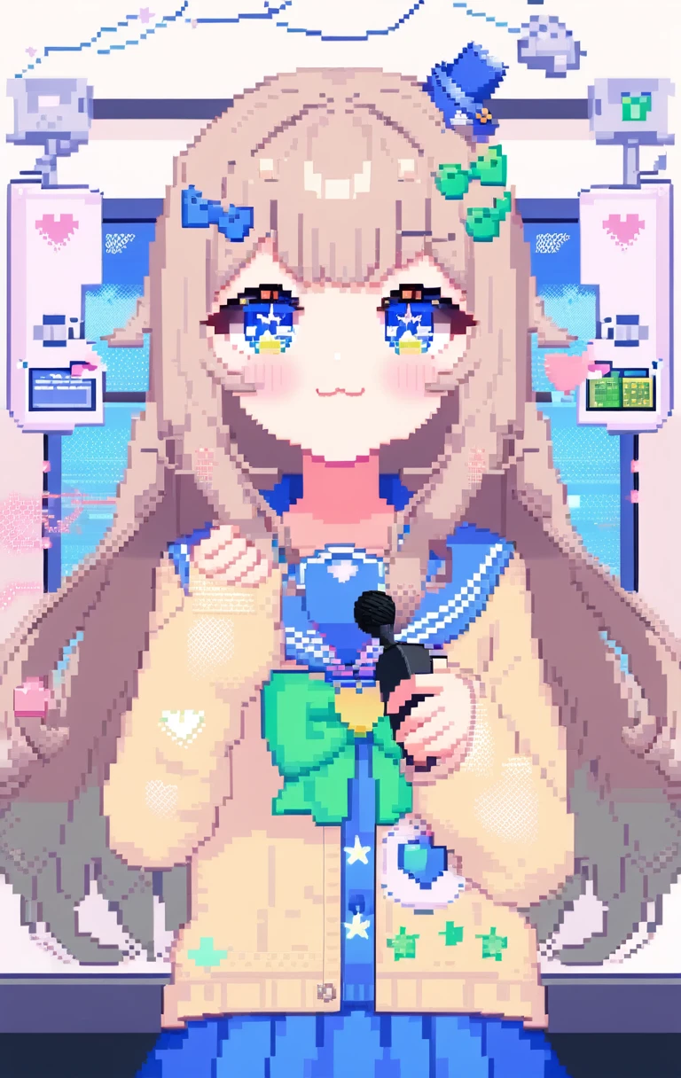 1 Girl,Nervous man,indie Virtual YouTuber,Sadex,score: General,:3,^_^,bandage,blue eyes,blue Sailor collar,blue skirt,blush,boundary,bow,bowtie,cable,Cardigan,Character Name,Close your eyes,cursor,Diffraction spike,electric plug,eyelash,floating,floating hair,gear,green bow,green bowtie,Hair accessories,Halftone,hand cursor,Heart,Heart Hair accessories,Heart print,Hourglass,Light brown hair,Long hair,Looking at the audience,look up,magnifier,microphone,Pixel Art,pixel Heart,plug,plus,Sailor collar,,Setofuku,skirt,Solitary,Star (Symbolism),Star print,Virtual YouTuber,white boundary,window (calculated),yellow Cardigan,up to date,absurd,high resolution,Normal quality,