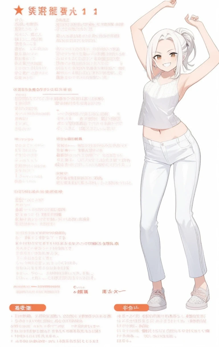 21 years old, White hair girl, armpit hair length (((Smile, flirtatious face, Excited face, Excited face))) Jeans and tight tops, ((Odango hairstyle)) (((Detailed character list, Front view, side view, Three-quarter view))) (((White background)))