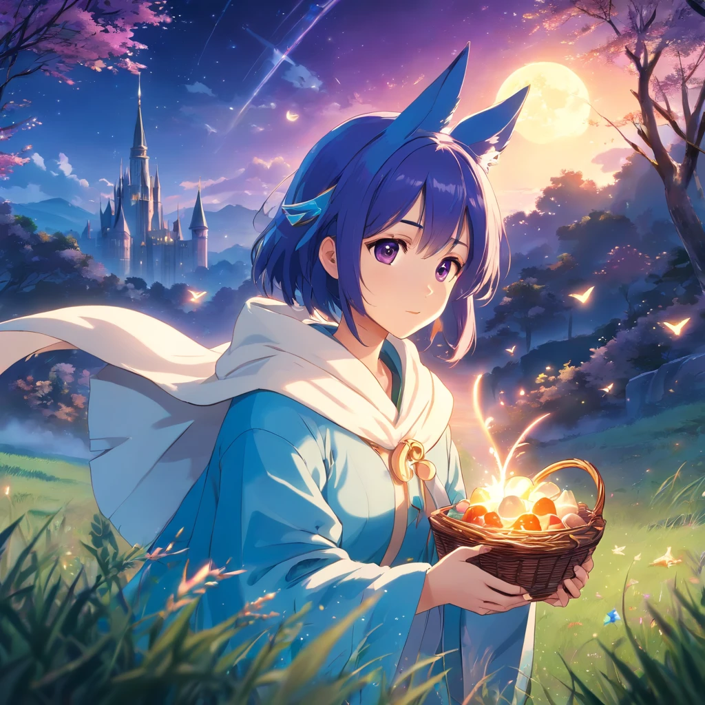((highest quality,8K,Uncertain resolution,16k, masterpiece: 1.3)), Ultra-fine illustrations, Detailed anatomy,Very delicate and beautiful, highest quality, kemonomimi (Animal ears), Fox ears and tail, Detailed texture,Fascinating Blue Robe, Wizard Hat, Magic wand, Forest Background, ancient ruins, Casting a Spell, Mysterious atmosphere, Fantasy,White,purple shawl,star空,star,night,Book in hand,basket,Adorable,Pale blue sky,On the grass,明るいstar,8k Ultra HD, HDR,Unique Design,One and only,A magnificent composition,One Scene,Anime Style,Studio Lighting,Ultra Wide Angle,Original elements,Full body description,Dynamic Angles,Symbolism,Dynamic Lighting,Professional Color Grading,Creative,Extreme detail,Glow effect