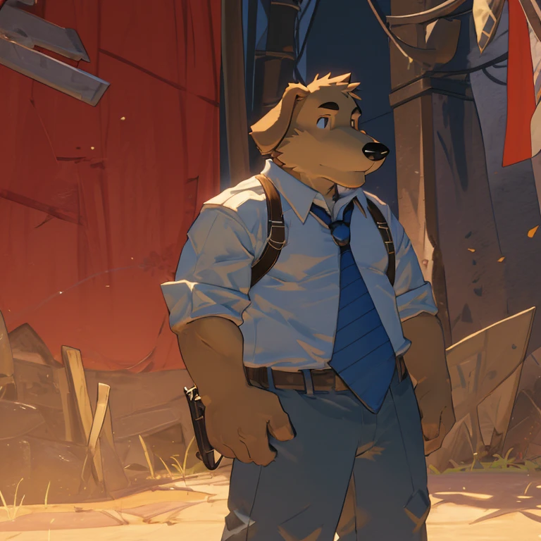 Solo male, sam, dog, tall, slightly chubby, mature, floppy ears, black eyes, brown fur, white shirt, untucked shirt, opened shirt, rolled up sleeves, ((shoulder holster)), revolver, blue and black striped necktie, loose necktie, upper body