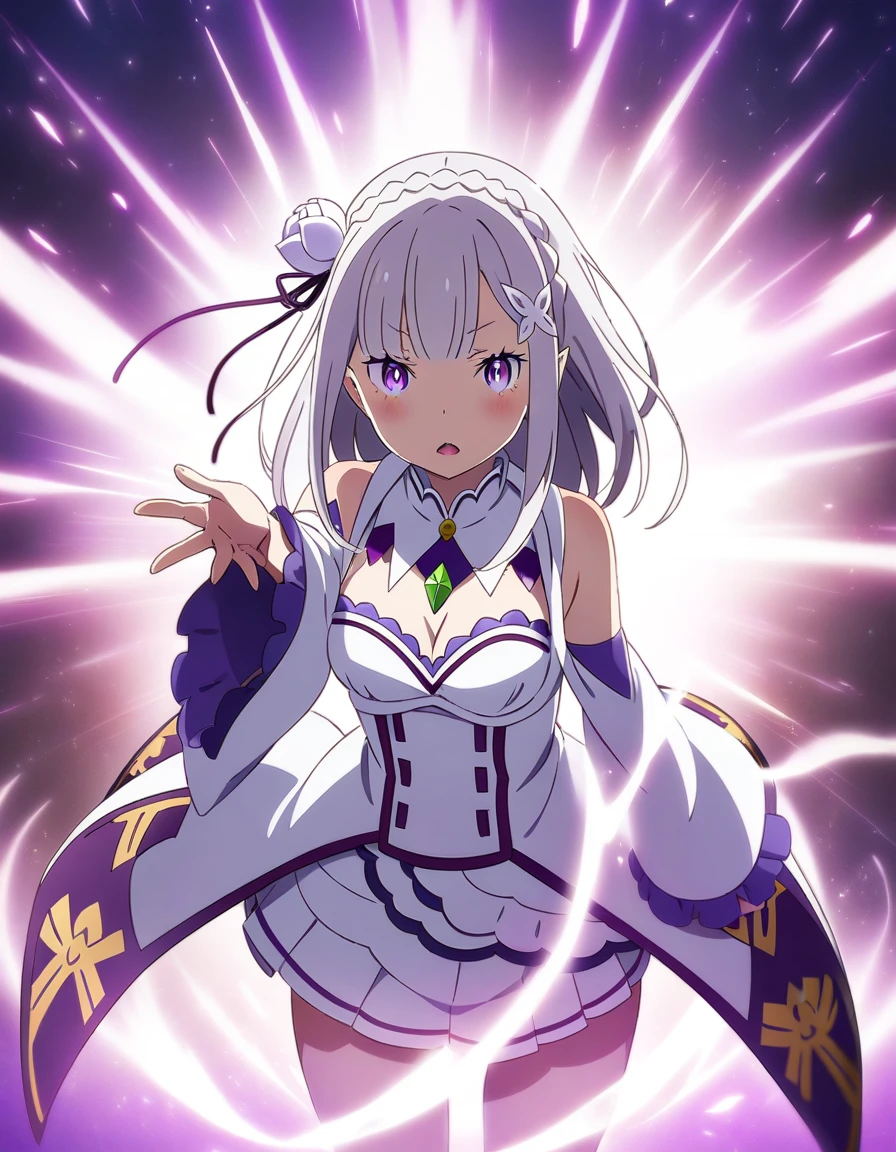 1girl, emilia \(re:zero\), re:zero kara hajimeru isekai seikatsu, magic, anime artwork, anime style, key visual, vibrant, studio anime, highly detailed, looking at viewer, masterpiece, best quality, very aesthetic, absurdres