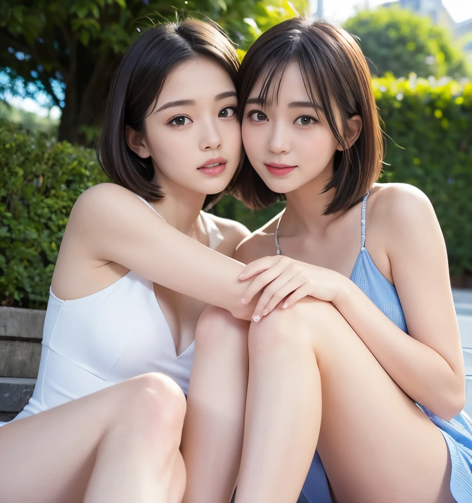 highest quality、8k、Best image quality、Professional Lighting、Natural light、Ultra-high resolution、Clear photos、Beautiful and delicate skin、No makeup、thin、very cute３people々、White skin、Short Bob Hair、Brown Hair、Exquisite appearance、Love Each Other３people々:1.8、kiss３people々:1.8、Embrace each other:1.8、Put your lips on it:1.6、Detailed Background、３people々idol group member:1.6、Head to knee photo:1.8
