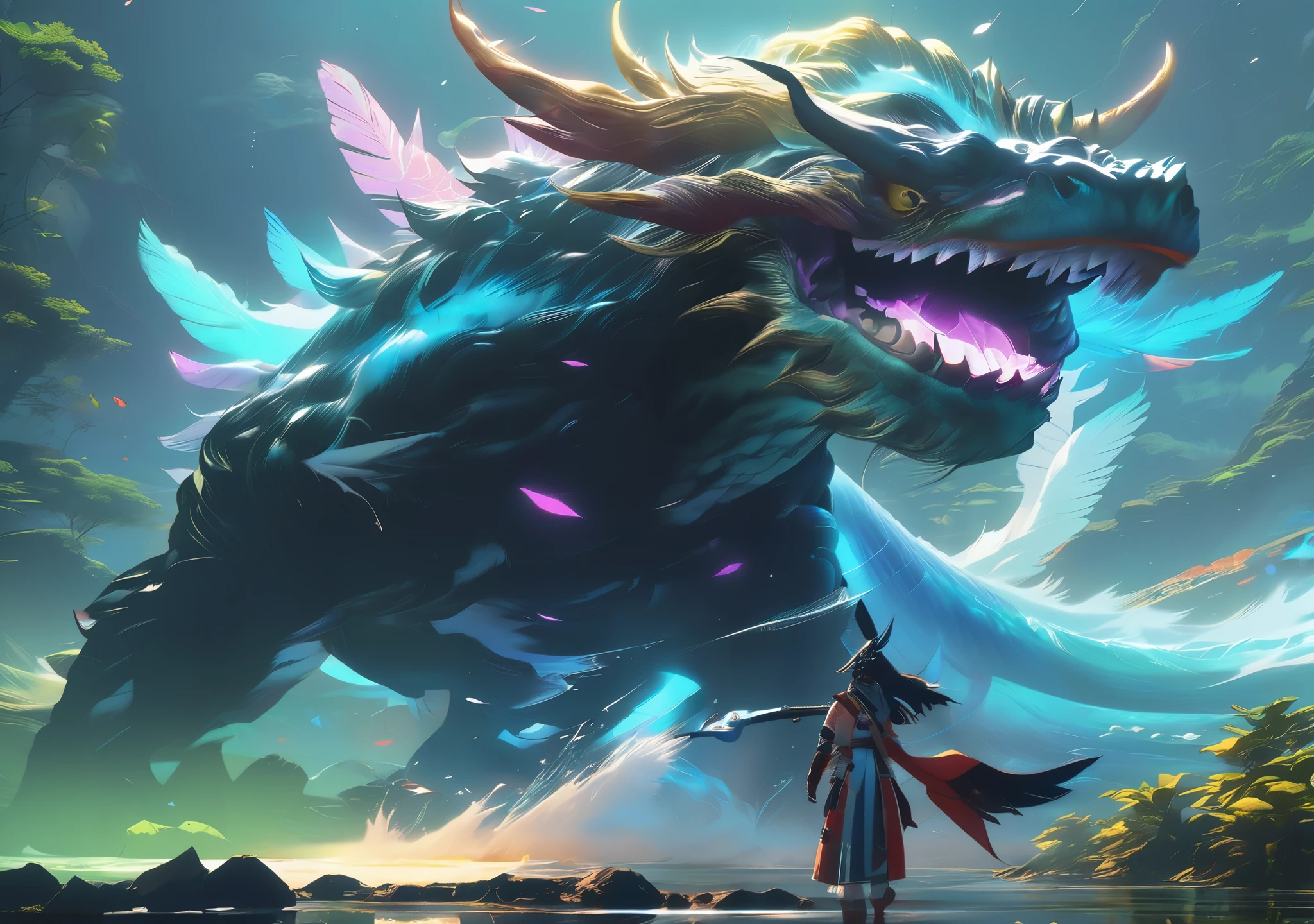 criatura gigante, aesthetics, extremamente detalhado, Giant criatura, Angelic, mago, D&D, criatura, monster hunter illustration art book, gigante, trends on Artstation, artegerm, 4K ultra-HD, sharp focus, arte digital de Ilya Kuvshinov e Ross Tran,