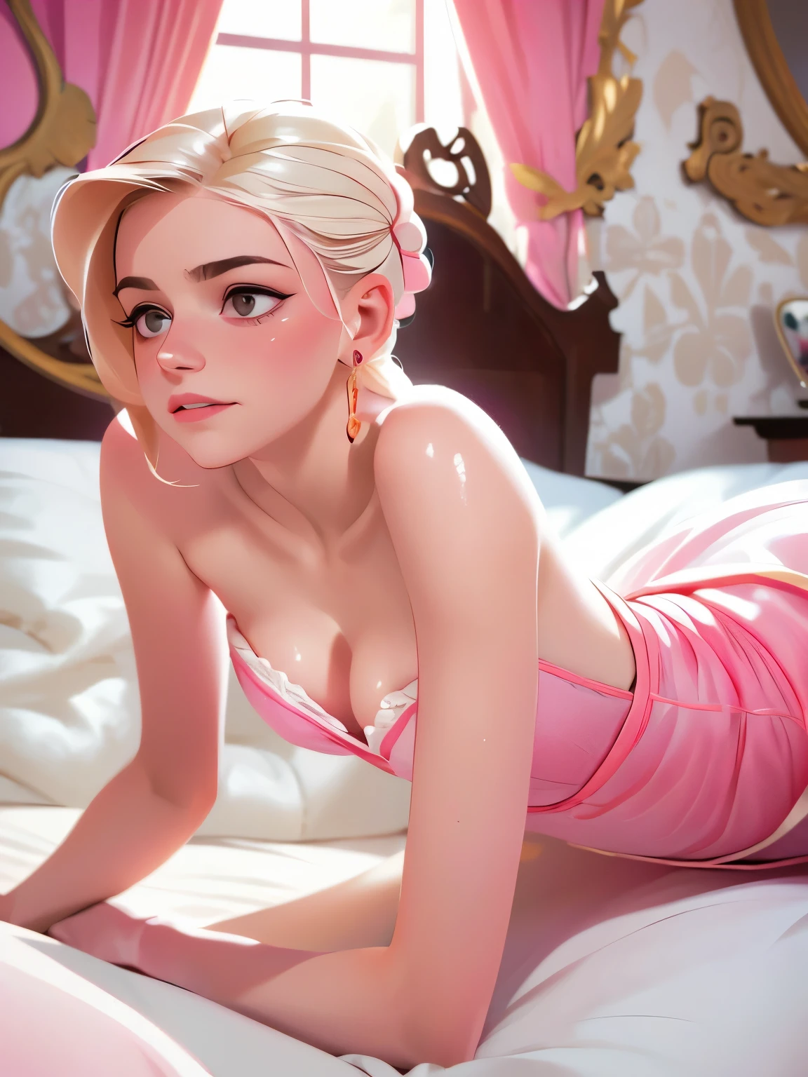arafed woman laying on a bed in a pink dress, a colorized photo inspired by Nan Goldin, reddit, art nouveau, with pale skin, in style of petra collins, posing in bed, soft pale white skin, pale fair skin!!, on my bed, smooth pale skin, laying back on the bed, pale glowing skin, soft pale golden skin