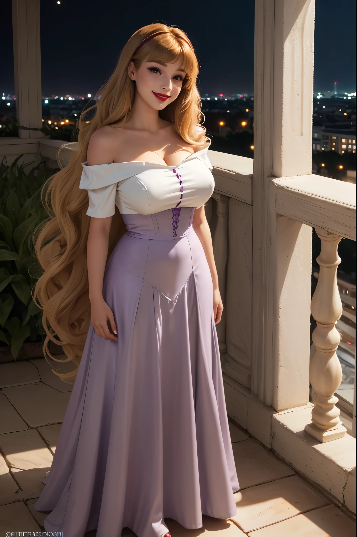 DisneyAurora 27 years old, full body shot, Beautiful woman (((shoulder length wavy caramel blonde hair))) (bangs:1.2) (lavender dress, long skirt) (purple eyes) defined body, Red lipstick, smiling, hands free, standing, (huge_breasts:1.1) , penthouse garden city night, (curvy:1.1)
