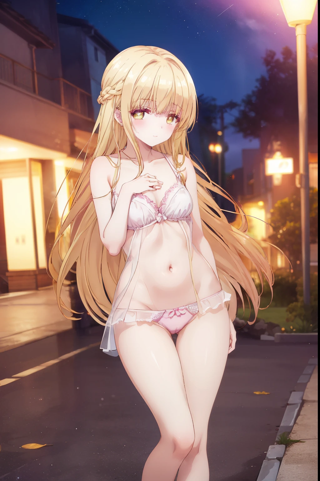Mahiru shiina, , blonde, (Yellow Eyes:1.3)、Braided long hair,,blush,smile,night、Beautiful scenery, attractive thighs、Beautiful bare legs, Naked but wearing sexy pink underwear、Bare chest、Nipples are visible、I can see your pantasterpiece:1.2), highest quality, High resolution, unity 8k wallpaper, (shape:0.8), (Beautiful and beautiful eyes:1.6), Highly detailed face, Perfect lighting, Extremely detailed CG, (Perfect hands, Perfect Anatomy),