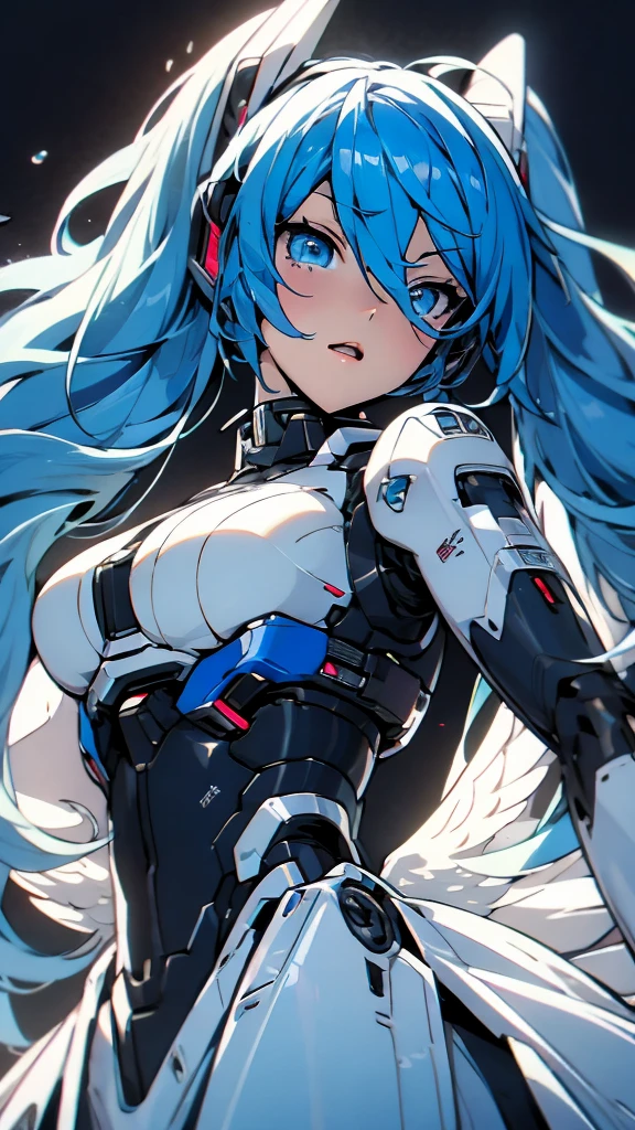 hatunemiku VOCALOID, twin tails, light blue eyes, light blue hair, big breasts, Angel wing, mecha girl, angel