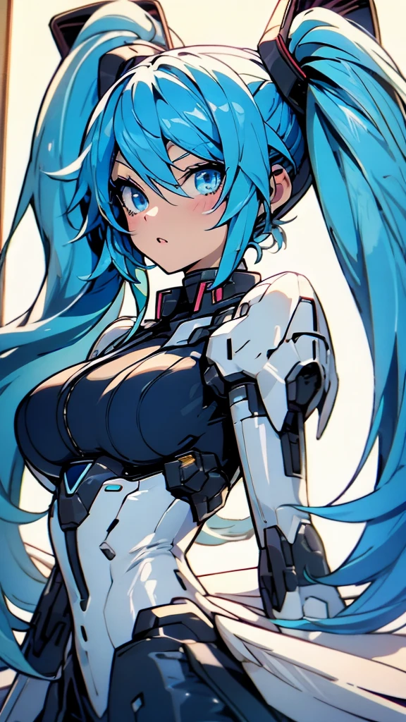 ((Masterpiece, Best Quality)), blue hair, cat tail, Green eyes, White cyberpunk robot parts, smiles, happy, Sexy pose, thicc, big breasts, big ass, illustration, ultra-detailed 8K, realistic, clear focus, highly detailed, professional lighting, colorful details, colors BREAK factory super long shot, (1 large mechanical robot), microchip, computer, luminescence, intricate details, shitu-mecha, 1girl downscale standing in front of the viewer, navel, in the room.