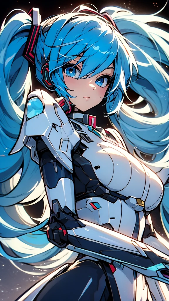 hatunemiku VOCALOID, twin tails, light blue eyes, light blue hair, big breasts, Angel wing, mecha girl, angel