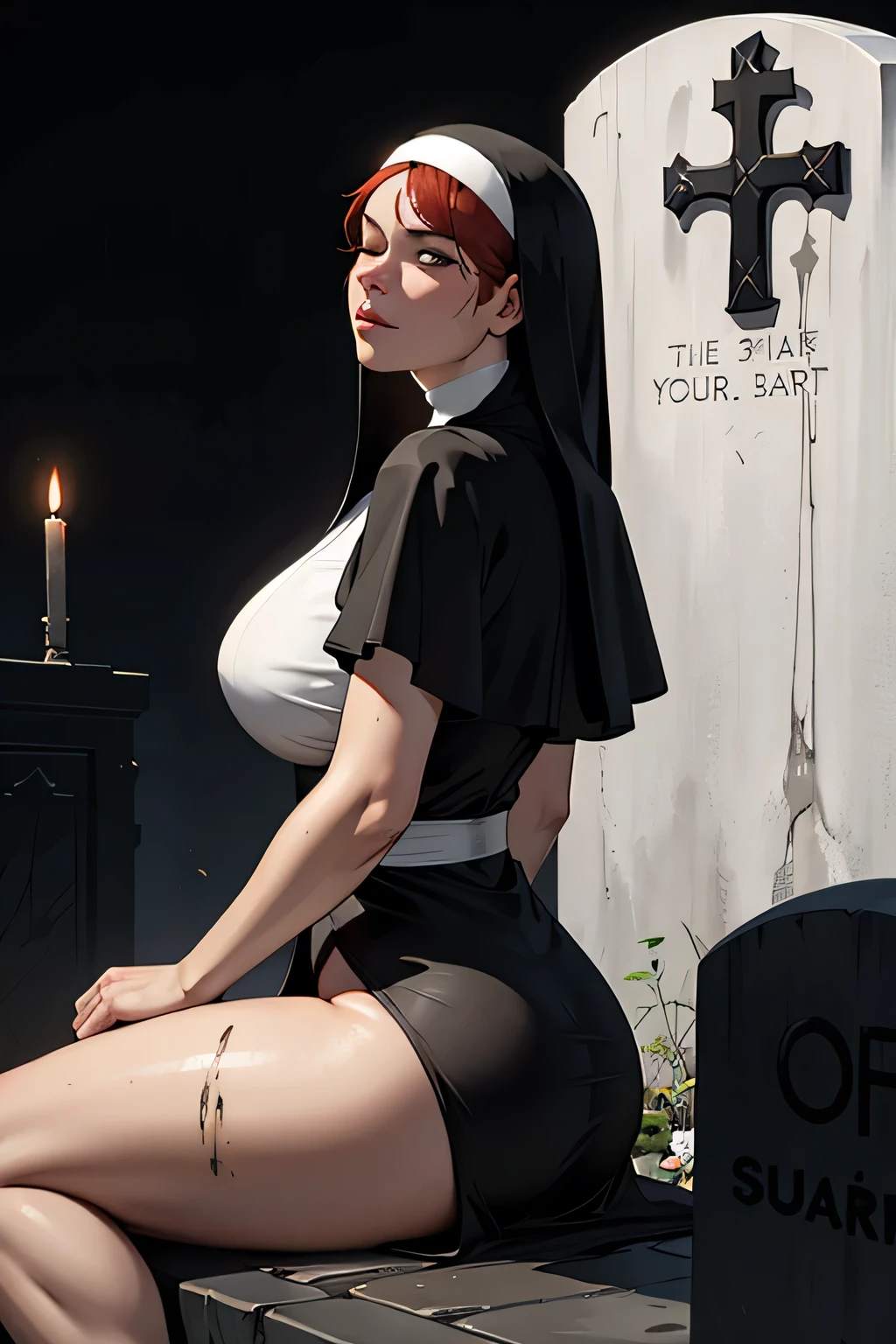 ((highest quality)), ((masterpiece)), (be familiar with), Perfect Face, (High definition), (Best Shadow), 8K, Cinematic, (Realistic:1.4),dramatic, ((A nun straddling a tombstone)), ((Covered in mud:1.1)), (Red hair), ((extra short hair)), (Eyes closed), ((Mouth open)), (Anguished expression:1.1), (Pure white skin:1.1), Voluptuous body, (Large Breasts:1.1), Narrow waist, (Big Ass), Alluring, Soaked nun's robes, barefoot, Rain on the skin, Boneyard, Boneyard, (heavy rain:1.4), Heavy rain in the middle of the night, (steam:1.4), Bust Shot, View from behind