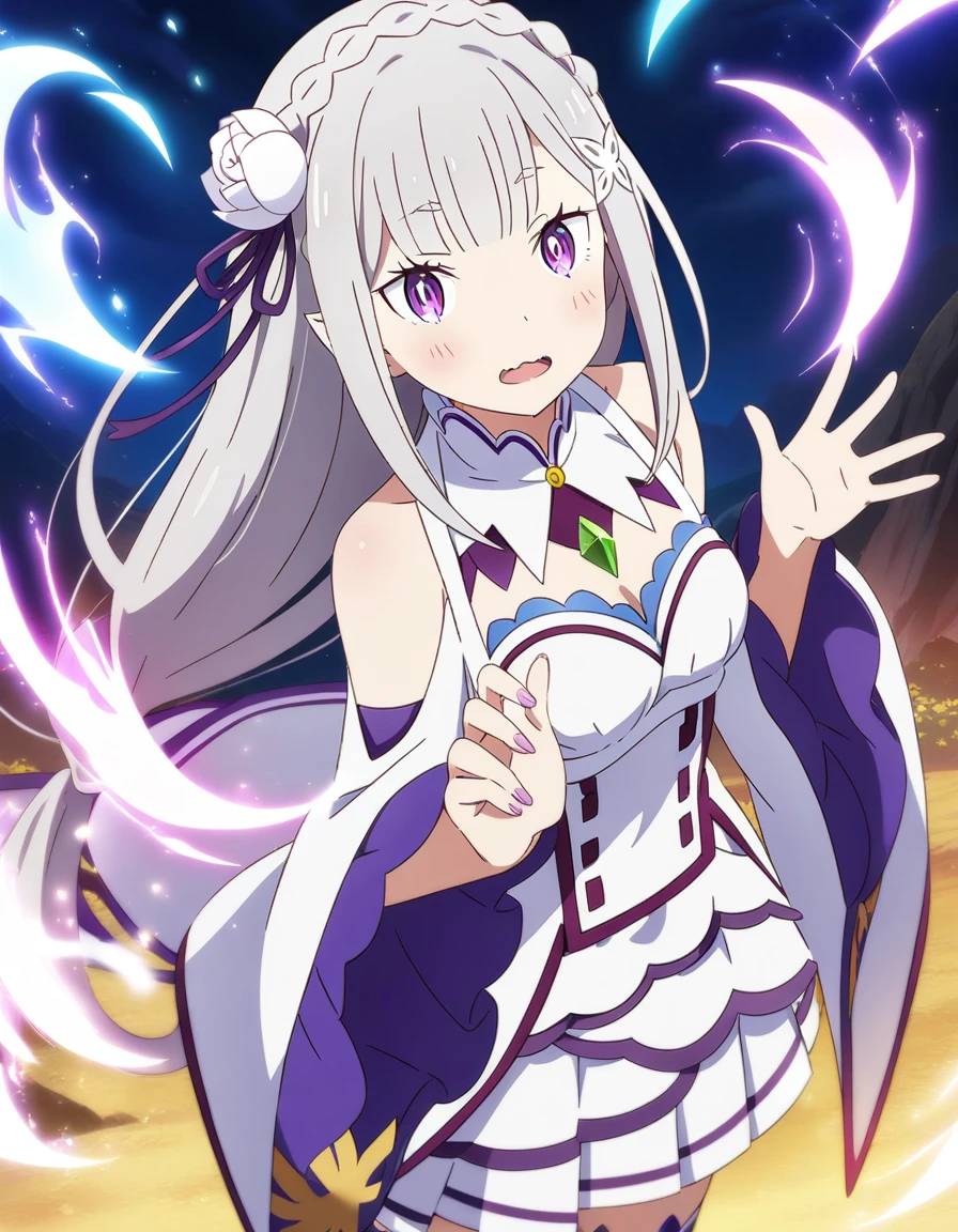 1girl, emilia \(re:zero\), re:zero kara hajimeru isekai seikatsu, magic, anime artwork, anime style, key visual, vibrant, studio anime, highly detailed, looking at viewer, masterpiece, best quality, very aesthetic, absurdres