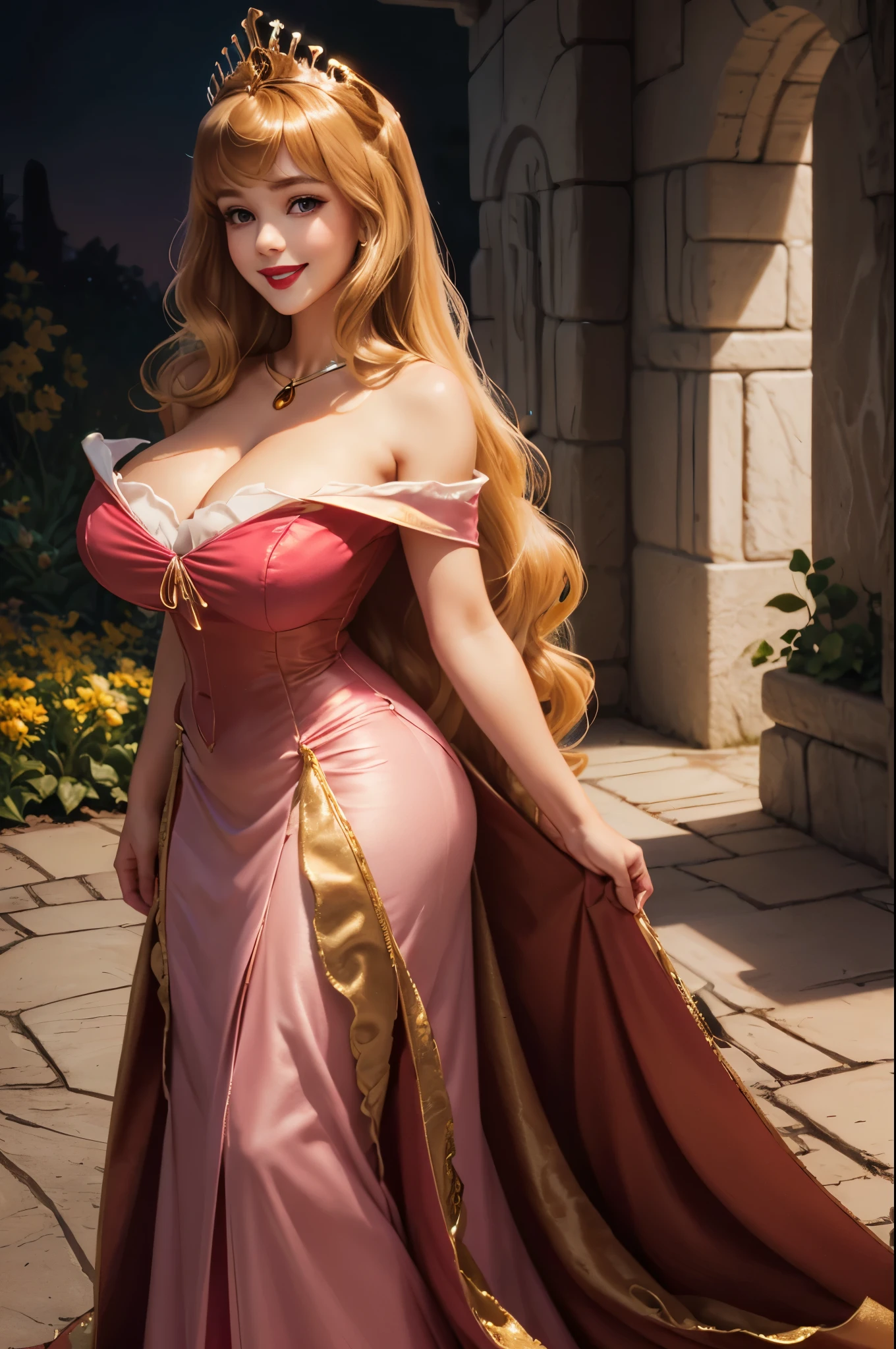 DisneyAurora 27 years old, full body shot, Beautiful woman (((shoulder length wavy caramel blonde hair))) (bangs:1.2) (pink dress, long skirt, tiara) (purple eyes) defined body, Red lipstick, smiling, hands free, standing, (huge_breasts:1.1) , penthouse garden city night, (curvy:1.1)