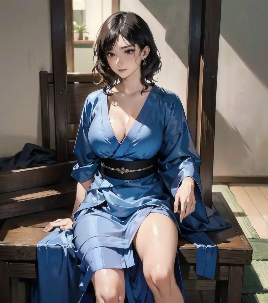 masterpiece, best quality, extremely delicate and beautiful, ultra-detailed, high-resolution, 20 years old, detailed beautiful face, tearful mole, earring, very huge round breasts, short medium hair, wavy hair, wet clothes, full body shot, alone, (assassin), kimono, (armor),