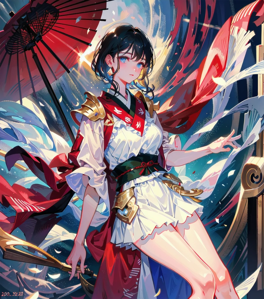 masterpiece, best quality, extremely delicate and beautiful, ultra-detailed, high-resolution, 20 years old, detailed beautiful face, tearful mole, earring, very huge round breasts, short medium hair, wavy hair, wet clothes, full body shot, alone, (assassin), kimono, (armor),