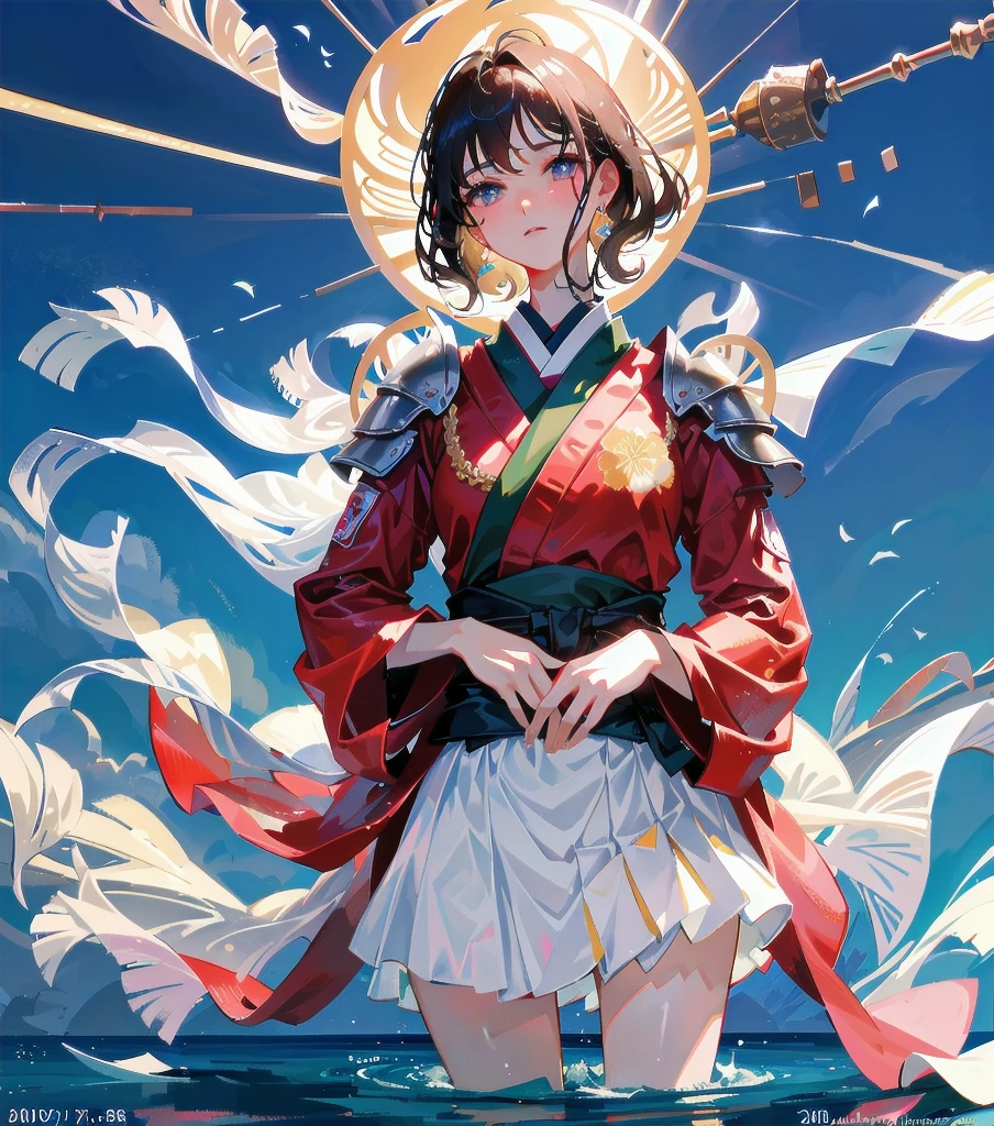 masterpiece, best quality, extremely delicate and beautiful, ultra-detailed, high-resolution, 20 years old, detailed beautiful face, tearful mole, earring, very huge round breasts, short medium hair, wavy hair, wet clothes, full body shot, alone, (assassin), kimono, (armor),
