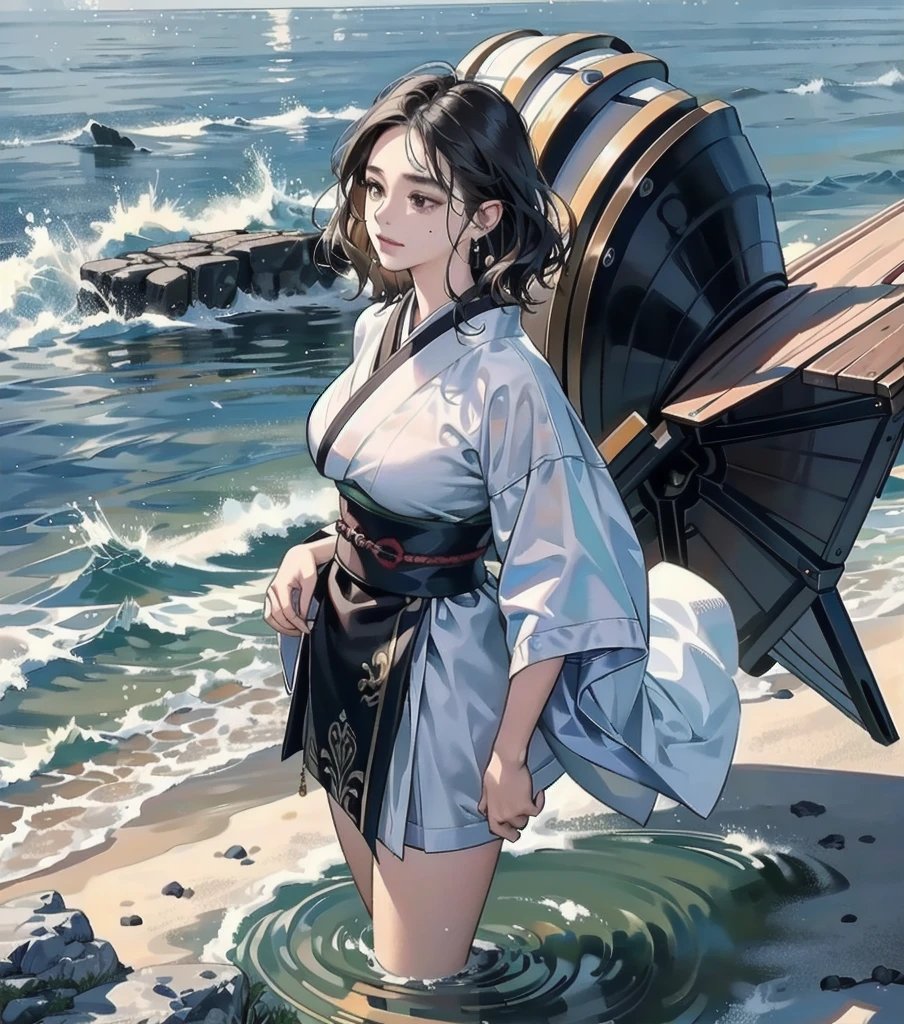 masterpiece, best quality, extremely delicate and beautiful, ultra-detailed, high-resolution, 20 years old, detailed beautiful face, tearful mole, earring, very huge round breasts, short medium hair, wavy hair, wet clothes, full body shot, alone, (assassin), kimono, (armor),