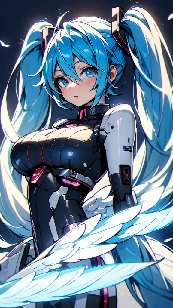 hatunemiku VOCALOID, twin tails, light blue eyes, light blue hair, big breasts, Angel wing, mecha girl, angel