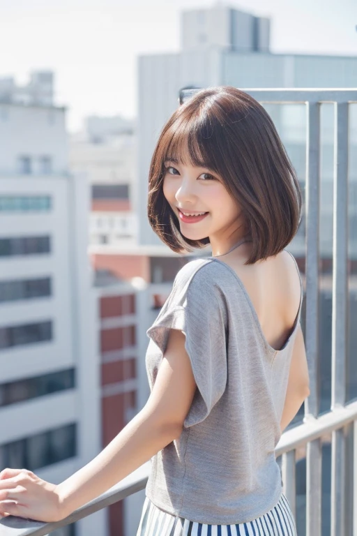 Moderate (Shoulder length:1.2) Brush-cut hair, masterpiece, highest quality, High resolution, One girl, Japanese,View your viewers,(smile:0.6), On the roof of a building with a fence,Wind,Tilt skirt