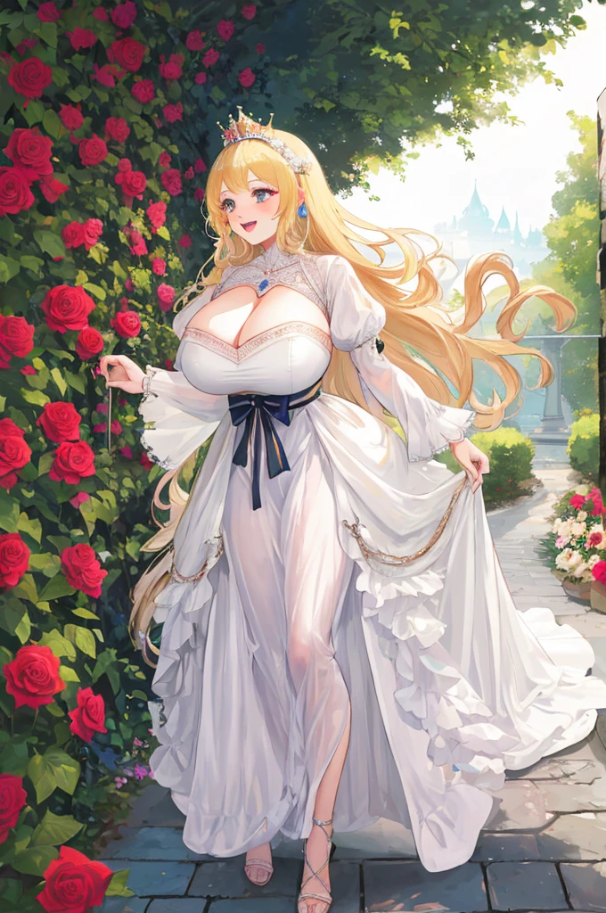 A woman with big ，Gorgeous woman，((Exposed Princess))，Expose，Gorgeous Rococo dress，Long blond hair，Exquisite，rose Garden，Laughter，