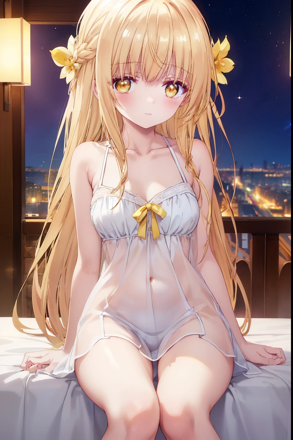 Mahiru shiina, , blonde, (Yellow Eyes:1.3)、Braided long hair,,blush,smile,night、Beautiful views, Attractive thighs、Beautiful bare legs, Naked but wearing sexy yellow underwear、Bare Chest、Nipples are visible、I can see your Pantastar piece.:1.2), highest quality, High resolution, unity 8k wallpaper, (shape:0.8), (Beautiful and beautiful eyes:1.6), Highly detailed face, Perfect lighting, Highly detailed CG, (Perfect hands, Perfect Anatomy),