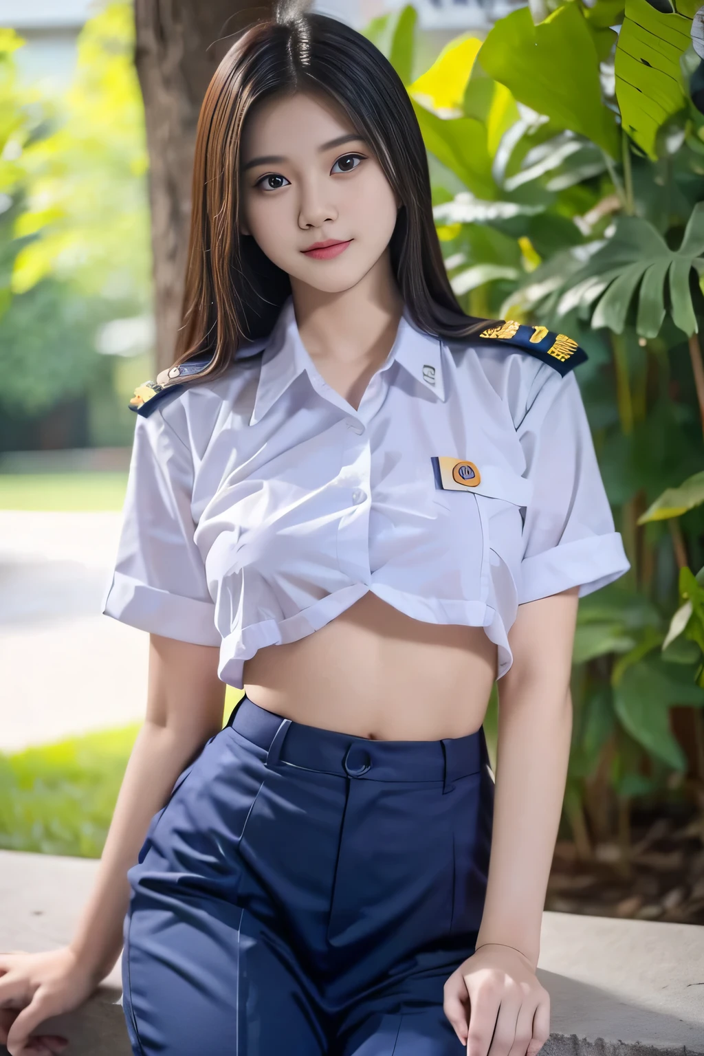 Beauty Indonesian woman in student uniform, beauty big breast, show pubic hairs, vivid colors, bokeh