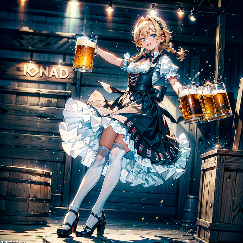 woman\(cute,kawaii,skin color white,barma1d3n,dirndl,dress,german clothes,beer,thighhighs,braid,high heels,twin braids,hold many beer mugs,big smile,(big breast),german,(dynamic angle),(dynamic pose)\),background\(bavarian folk festival,outside,beer barrels,beer mug,mug\), BREAK ,quality\(8k,wallpaper of extremely detailed CG unit, ​masterpiece,hight resolution,top-quality,top-quality real texture skin,hyper realisitic,increase the resolution,RAW photos,best qualtiy,highly detailed,the wallpaper,cinematic lighting,ray trace,golden ratio,\),