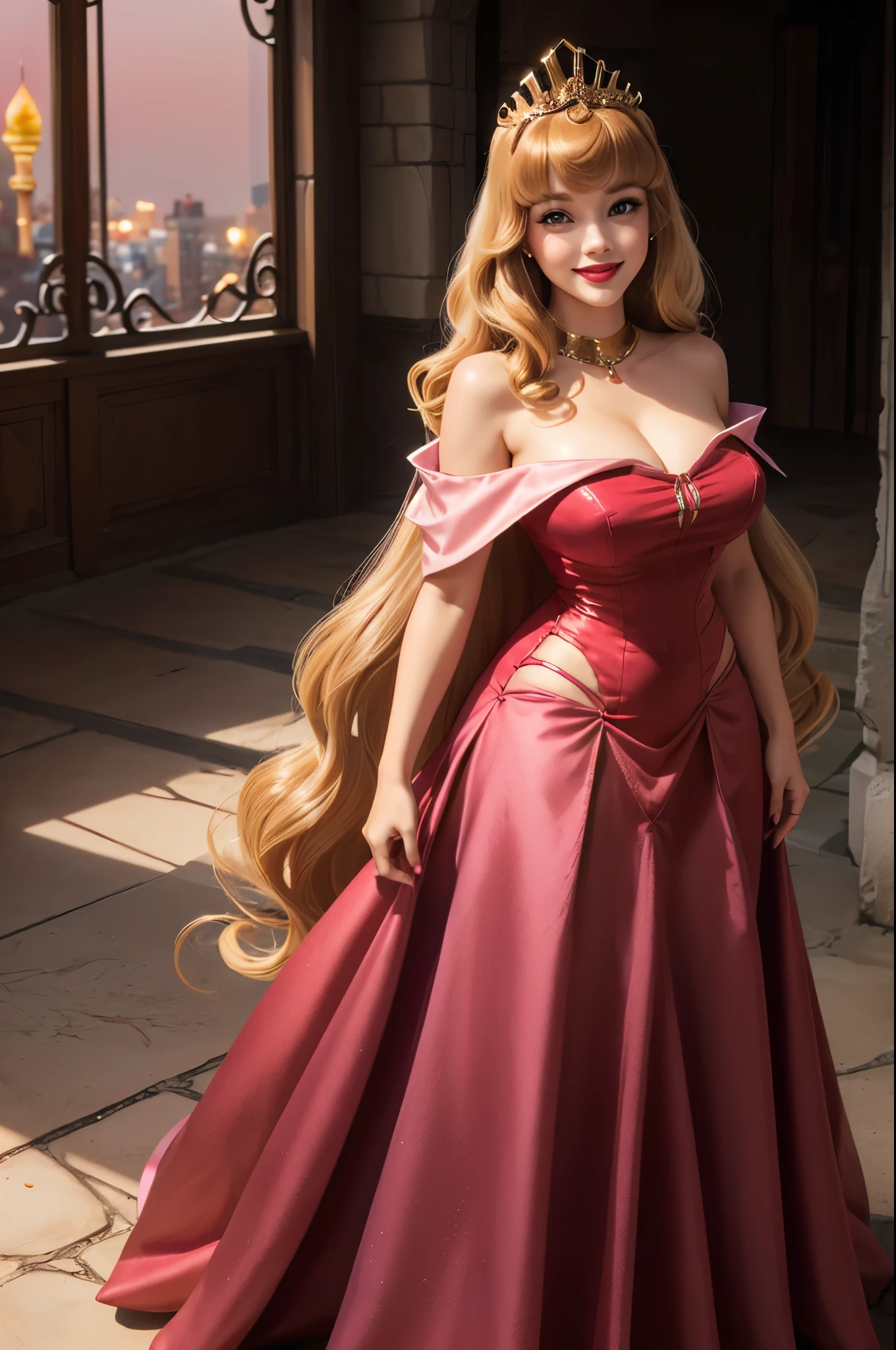 DisneyAurora 27 years old, full body shot, Beautiful woman (((shoulder length wavy caramel blonde hair))) (bangs:1.2) (pink dress, long skirt, tiara) (purple eyes) defined body, Red lipstick, smiling, hands free, standing, (huge_breasts:1.1) , penthouse garden city night, (curvy:1.1)