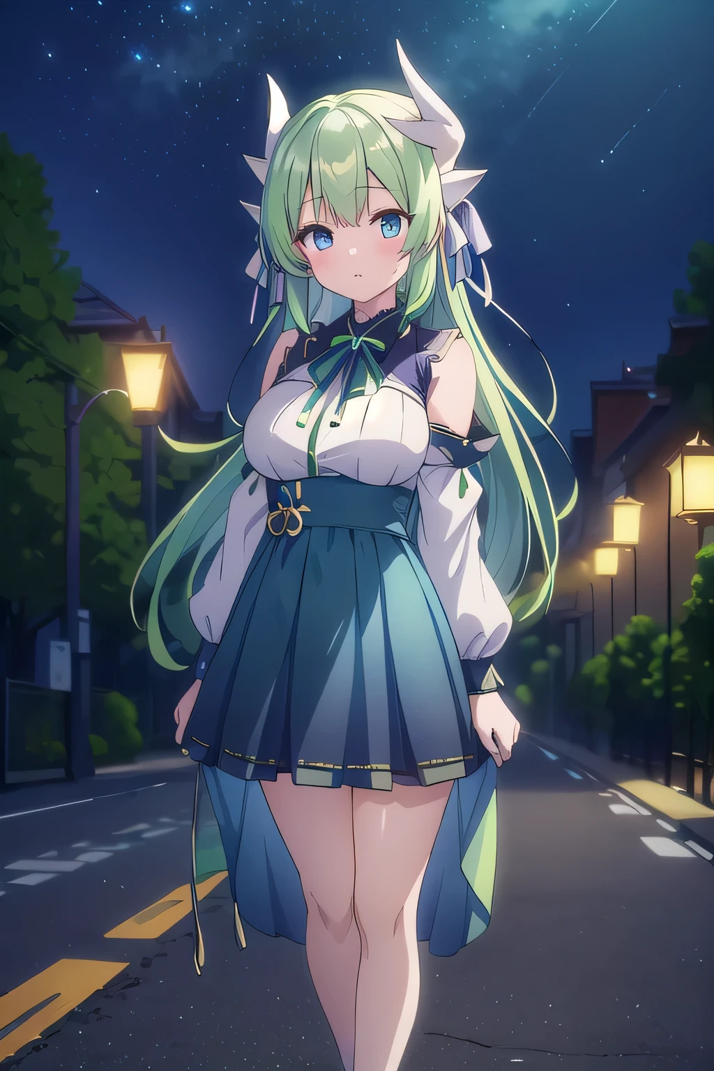 Kiyohime、 Green Hair、 ((Full body))、 (highest quality、4K、High resolution、masterpiece:1.2)、Super detailed、HDR、Studio Lighting、Sharp Focus、Bright colors、Portrait、Bokeh、Warm tones、Soft Lighting、 Character line emphasis、 (Light navy blue dress)、 Standing、(Background night road)、
