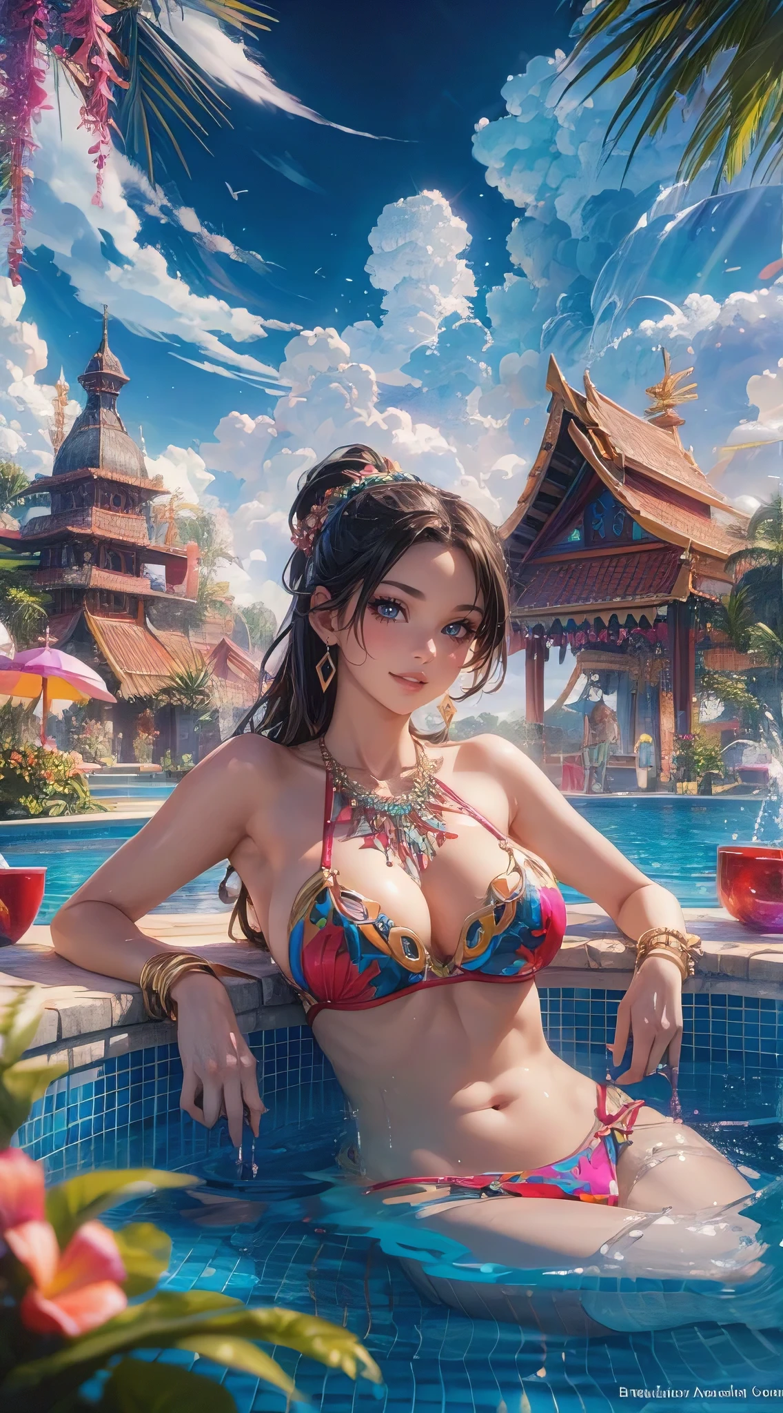 A stunningly realistic 3D render of a beautiful, busty, and slender woman wearing a vibrant, revealing bikini, adorned with a luxurious necklace and bracelets. She is relaxing in a tropical island resort pool surrounded by enchanting decorations and spellbinding architecture. The sky is filled with mesmerizing clouds, and the overall atmosphere is a blend of anime, fashion, and vibrant colors. The illustration captures the essence of a dreamy, exotic escape from reality., anime, vibrant, fashion, illustration, architecture, 3d render