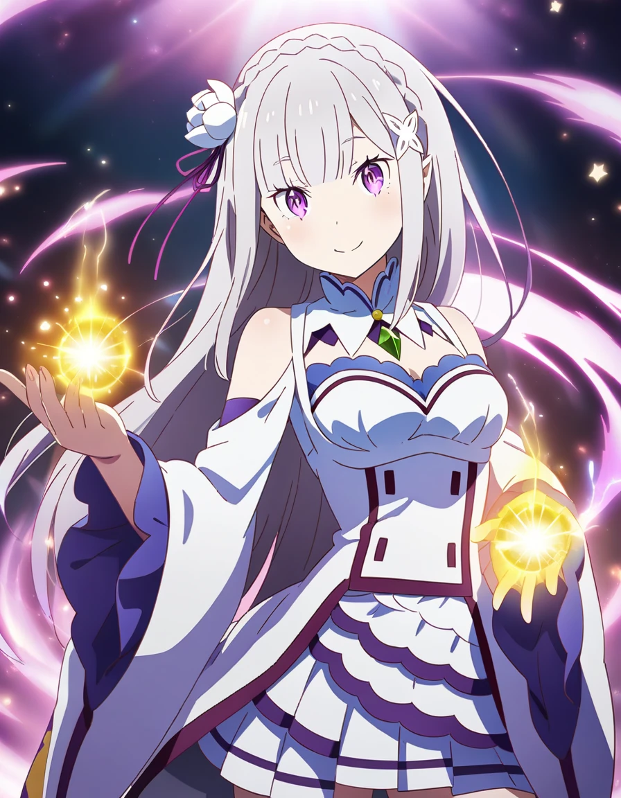 1girl, emilia \(re:zero\), re:zero kara hajimeru isekai seikatsu, magic, anime artwork, anime style, key visual, vibrant, studio anime, highly detailed, looking at viewer, smile , masterpiece, best quality, very aesthetic, absurdres