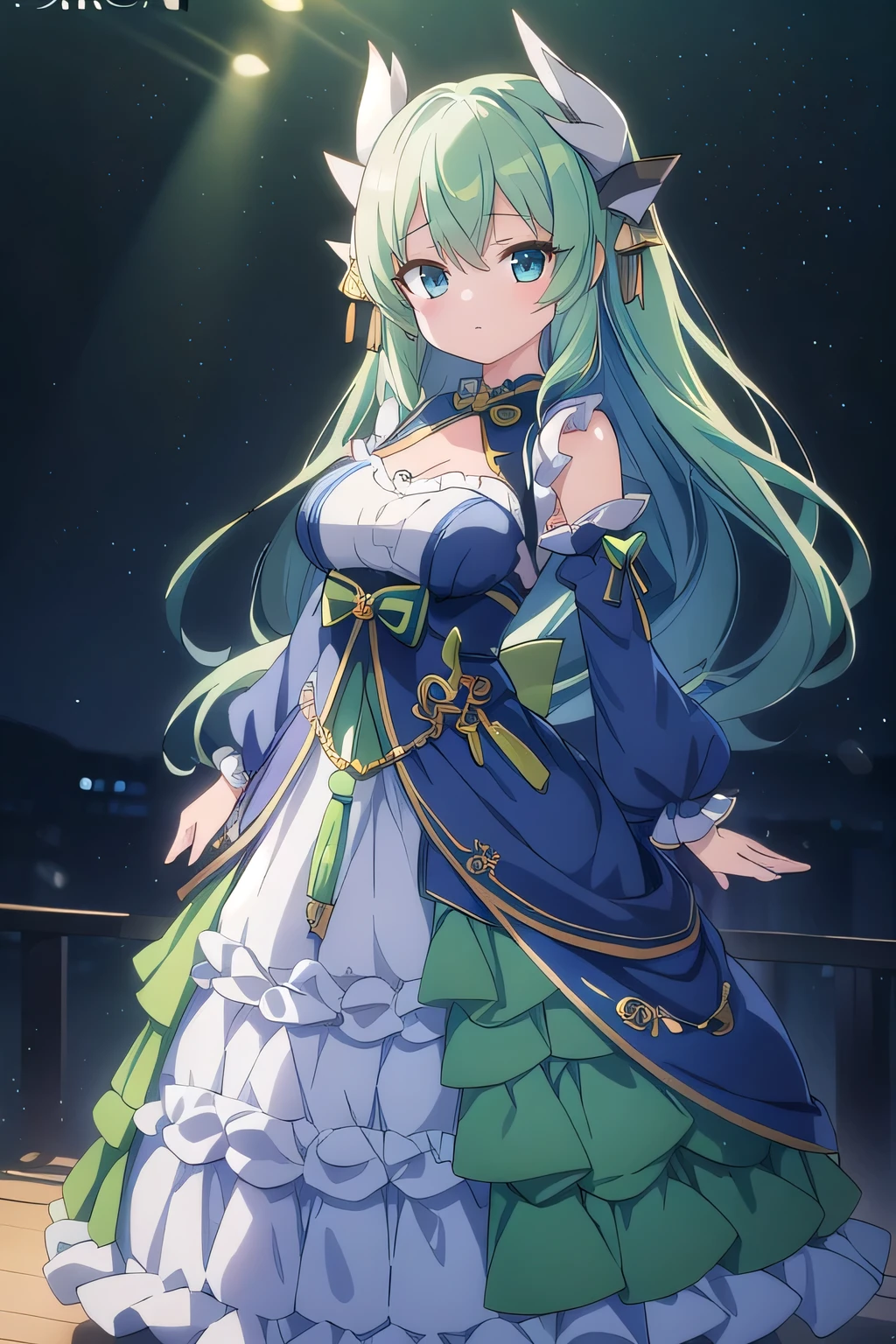 Kiyohime、 Green Hair、 ((Full body))、 (highest quality、4K、High resolution、masterpiece:1.2)、Super detailed、HDR、Studio Lighting、Sharp Focus、Bright colors、Portrait、Bokeh、Warm tones、Soft Lighting、 Character line emphasis、 (Light navy blue dress)、 Standing in a pose、(Background night road)、 