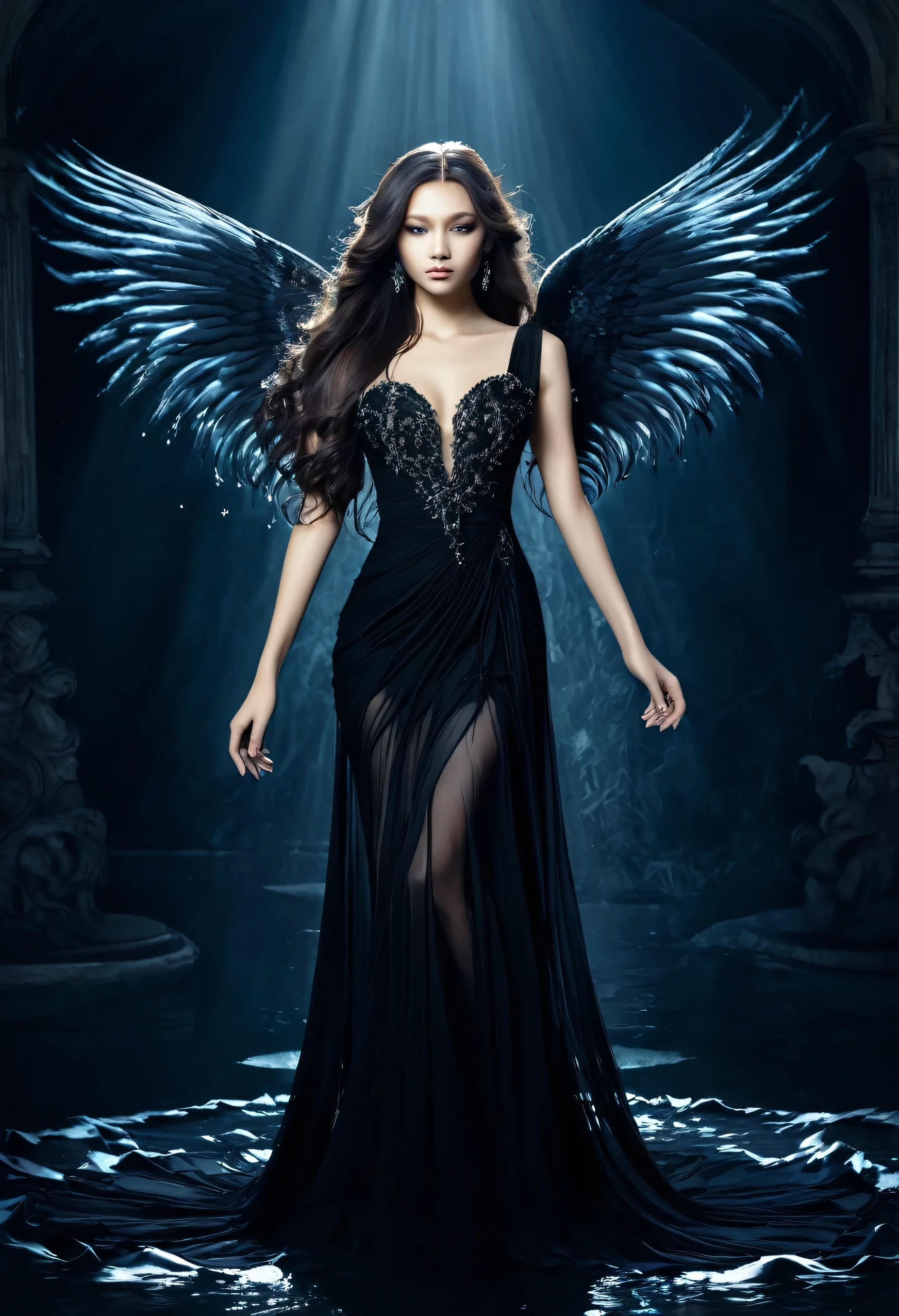 Queen,black dress,mysterious,Pisces,long hair,dark angel,elegant,soft skin