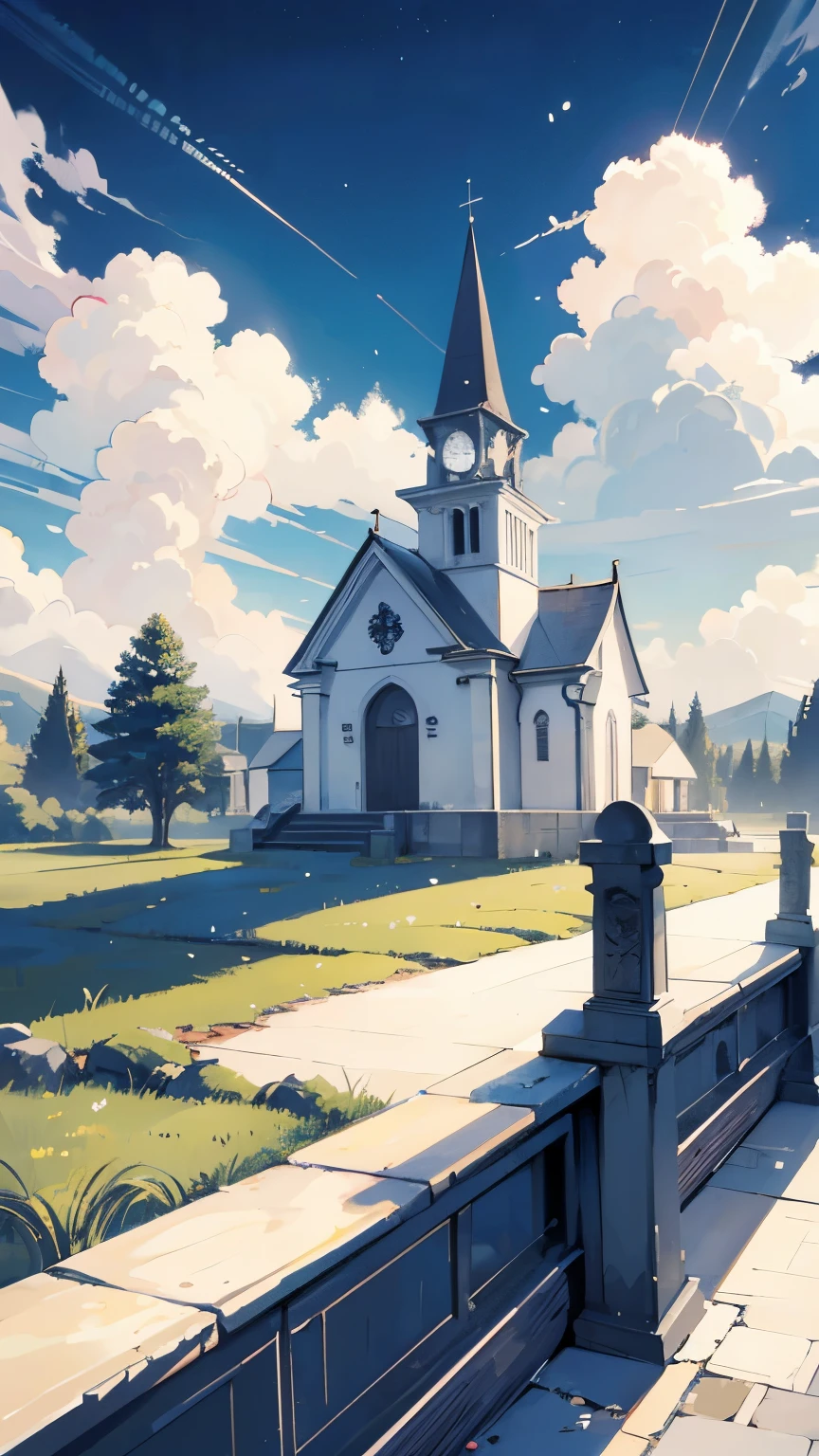 anime landscape with a small church, Church has top of the cross symbol and a tree in the middle, anime countryside landscape, anime landscape wallpaper, beautifull puffy clouds. anime, anime landscape, hd wallpaper, beautiful anime scenery, anime clouds, beautiful anime scene, anime scenery, studio ghibli sky, high quality desktop wallpaper, anime beautiful peace scene, rhads!!!, night, sun sat, day