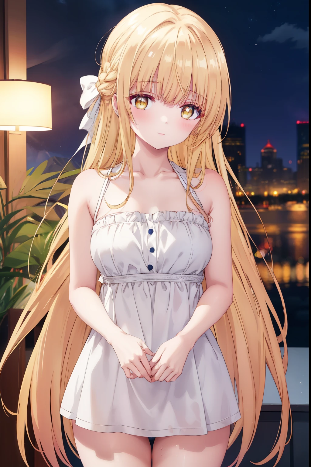 Mahiru shiina, , blonde, (Yellow Eyes:1.3)、Braided long hair,,blush,smile,night、Beautiful views, Attractive thighs、Beautiful bare legs, Naked but wearing sexy underwear、Bare Chest、Nipples are visible、I can see your Pantastar piece.:1.2), highest quality, High resolution, unity 8k wallpaper, (shape:0.8), (Beautiful and beautiful eyes:1.6), Highly detailed face, Perfect lighting, Highly detailed CG, (Perfect hands, Perfect Anatomy),