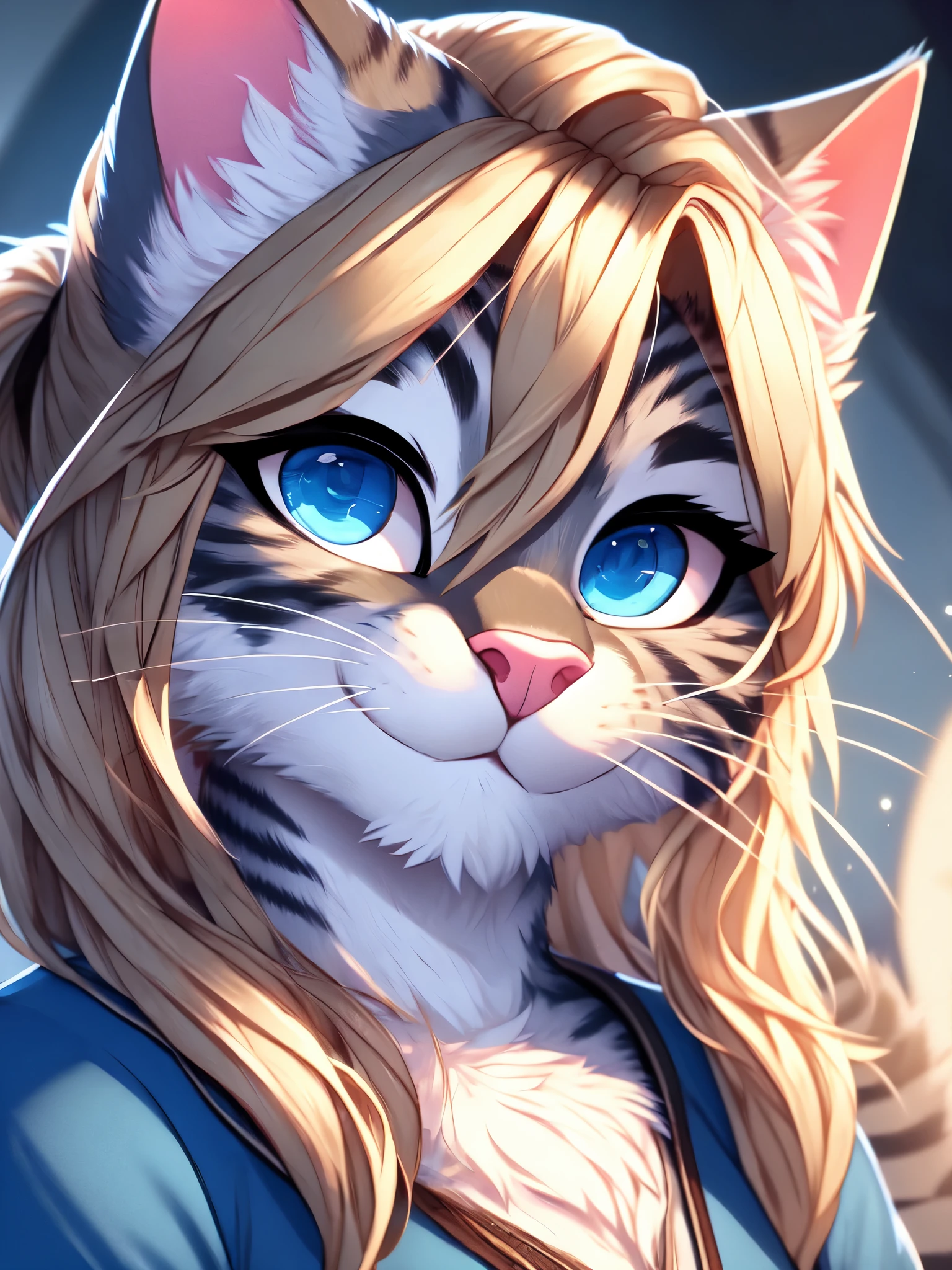 Kat, anthro furry feline, blue eyes, silver fur, striped fur, :3, pink nose, white whiskers, cat tail, blonde hair, hair in a pony tail, wearing blue tunic, close up, portrait, 