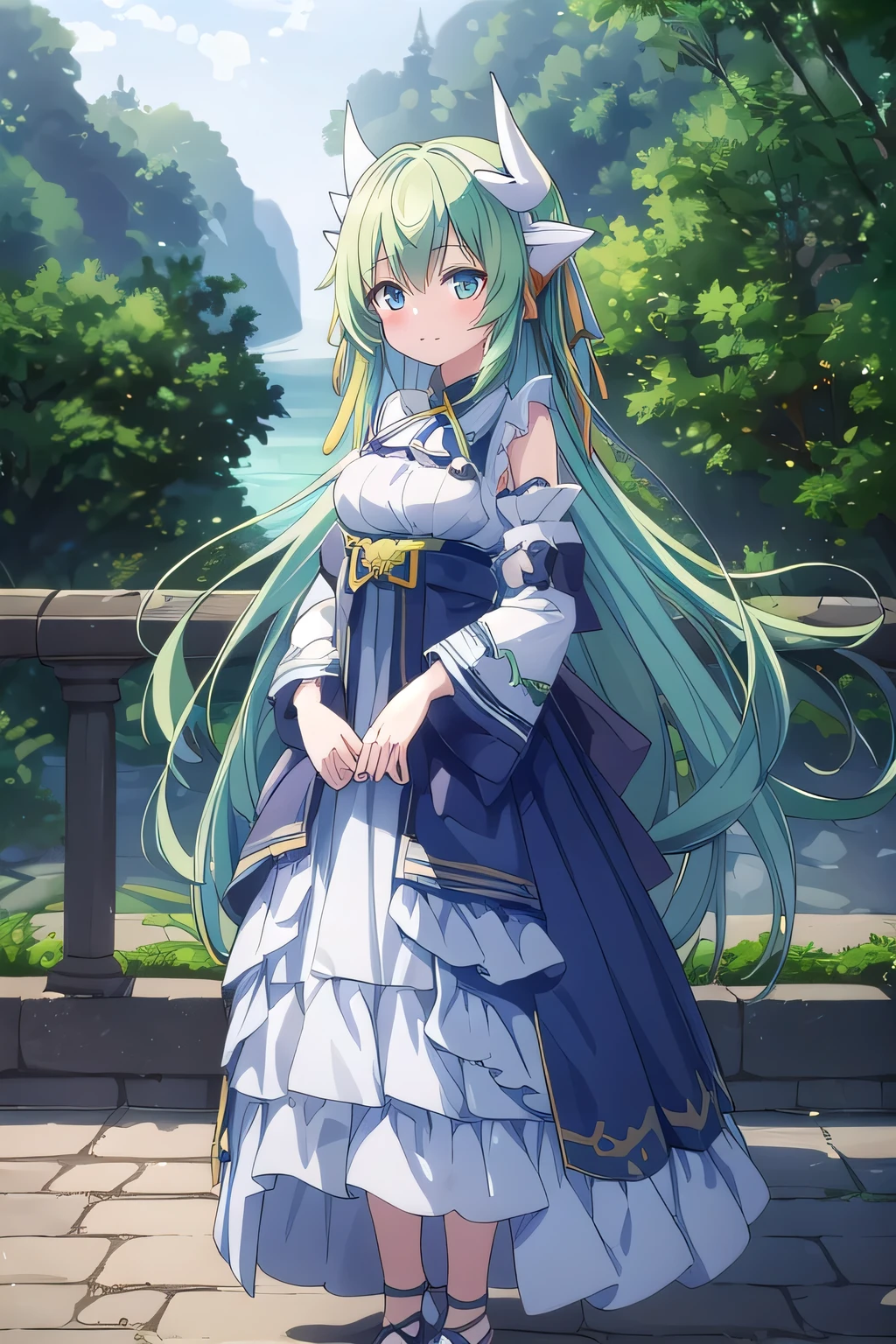 Kiyohime、 Green Hair、 ((Full body))、 (highest quality、4K、High resolution、masterpiece:1.2)、Super detailed、HDR、Studio Lighting、Sharp Focus、Bright colors、Portrait、Bokeh、Warm tones、Soft Lighting、 Character line emphasis、 (Light navy blue dress)、 Standing、(Background night road)、