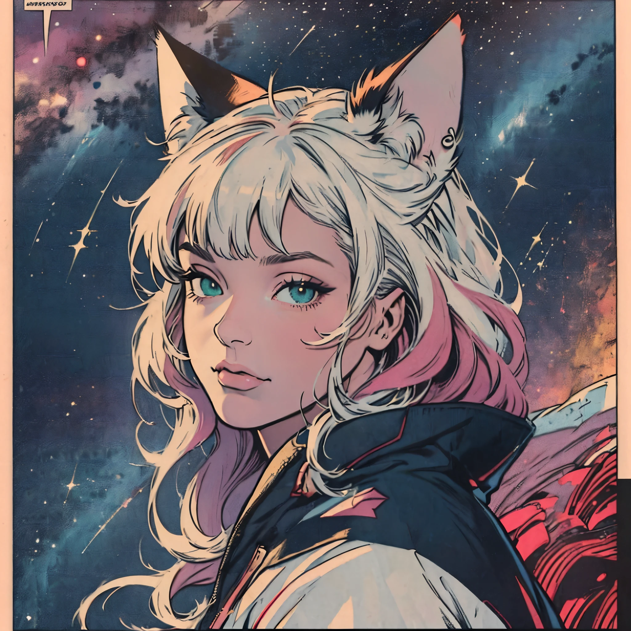 ultimate best quality,beautiful woman,speech bubble,big brest,60s,70s,80s,colorful,((Heterochromia)),various angle,beautiful starry sky,FOX