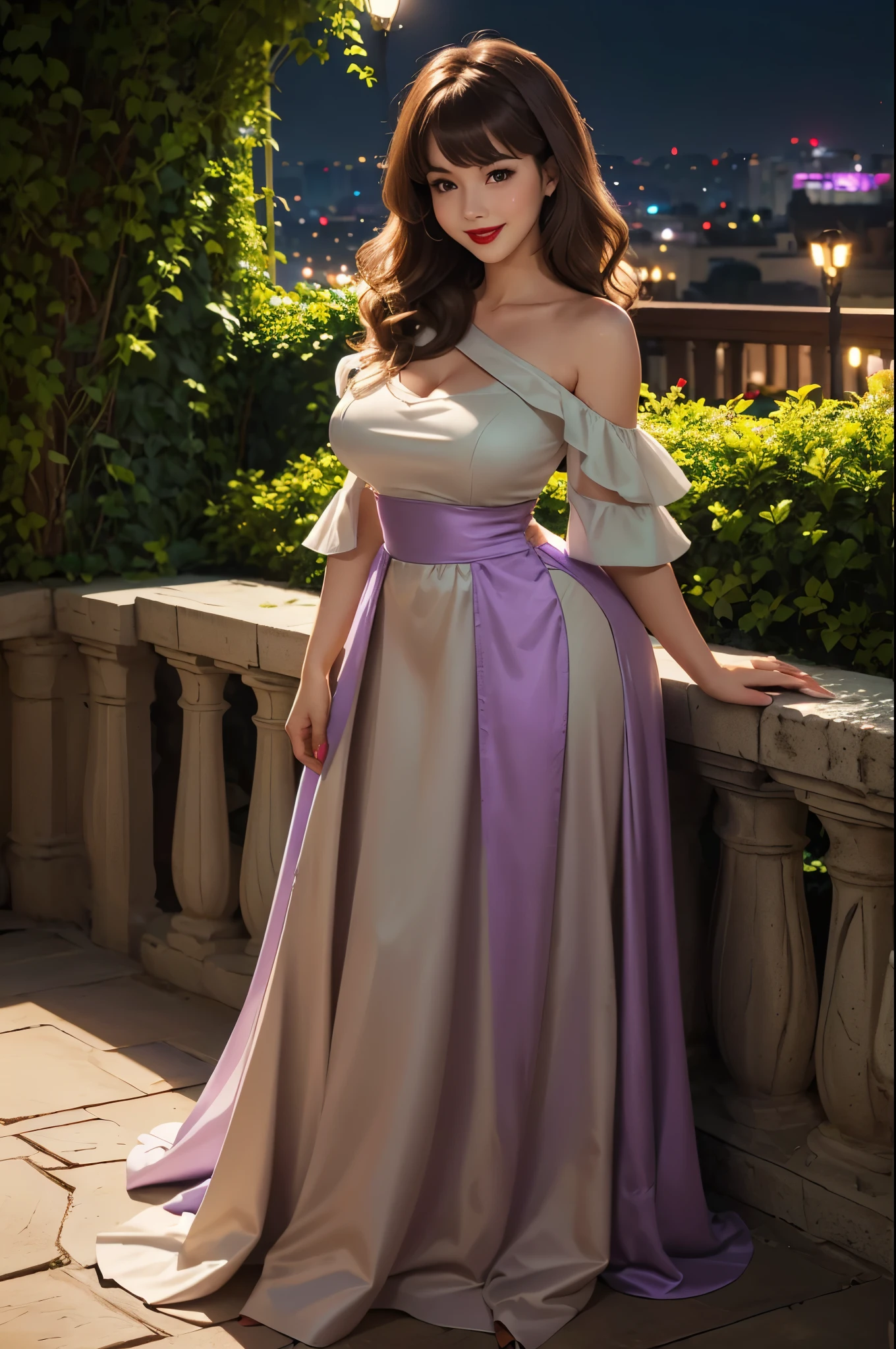 DisneyAurora 27 years old, full body shot, Beautiful woman (((shoulder length wavy light brown hair))) (bangs:1.2) (green dress, long skirt) (purple eyes) defined body, Red lipstick, smiling, hands free, standing, (huge_breasts:1.1) , penthouse garden city night, (curvy:1.1)
