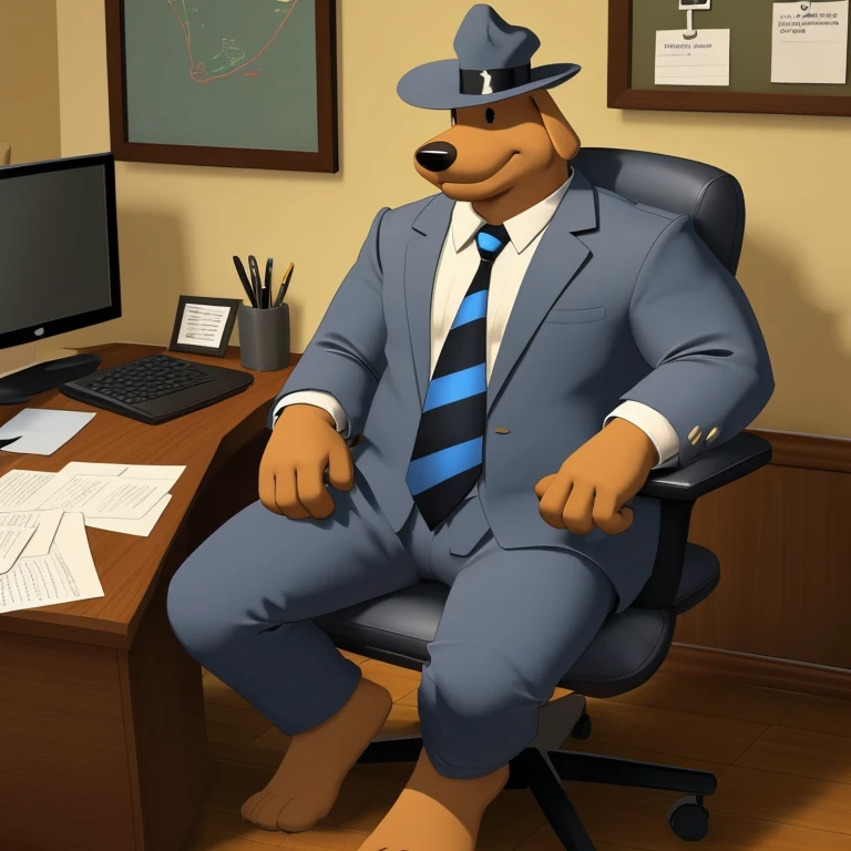 Solo male, sam, dog, tall, stocky body, slightly chubby, mature, good anatomy, black eyes, brown fur, blue grey suit and pants, blue grey hat, blue and black striped necktie, sitting in office chair