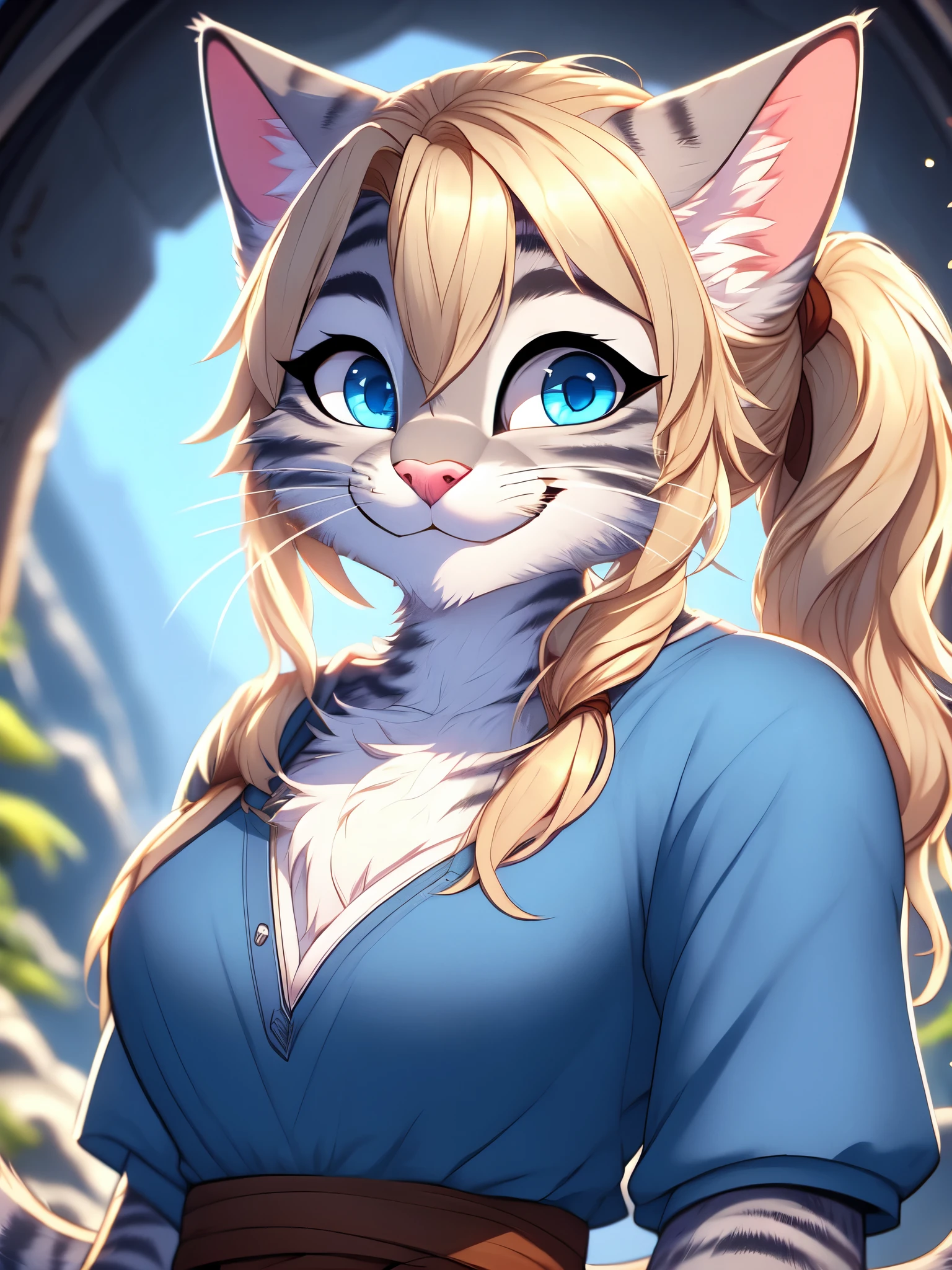 Kat, anthro furry feline, blue eyes, silver fur, striped fur, :3, pink nose, white whiskers, cat tail, blonde hair, side locks, hair in a pony tail, wearing blue tunic, close up, portrait, big smile, happy, upper body shot, 