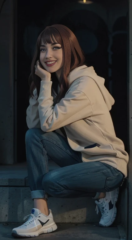 highest quality, Realistic, Very detailed, Finer details, High resolution, 8k wallpaper, One beautiful woman,Sit on the stairs、(Wear black socks)smile、(Beautiful teeth alignment、)(Gums are visible) Oversized hoodie, Skinny jeans,( Black sneakers)、red hair , crystal blue eyes 、 Beautiful Bangs、、Perfect dynamic composition, Beautiful and detailed, Full Body Shot, A big smile
Full body