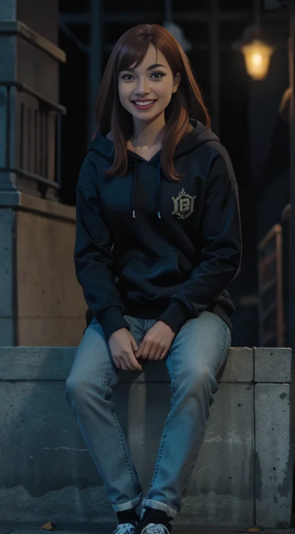 highest quality, Realistic, Very detailed, Finer details, High resolution, 8k wallpaper, One beautiful woman,Sit on the stairs、(Wear black socks)smile、(Beautiful teeth alignment、)(Gums are visible) Oversized hoodie, Skinny jeans,( Black sneakers)、red hair , crystal blue eyes 、 Beautiful Bangs、、Perfect dynamic composition, Beautiful and detailed, Full Body Shot, A big smile
Full body